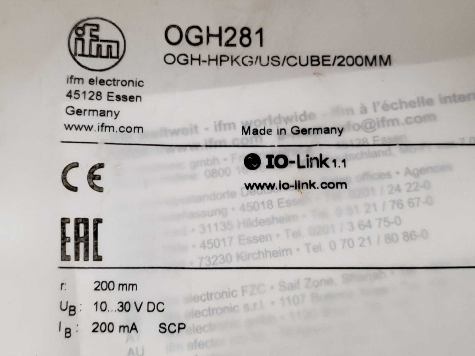 IFM ELECTRONIC OGH-HPKG/US/CUBE/200MM DIFFUSE REFLECTION SENSOR (OGH281) NIB