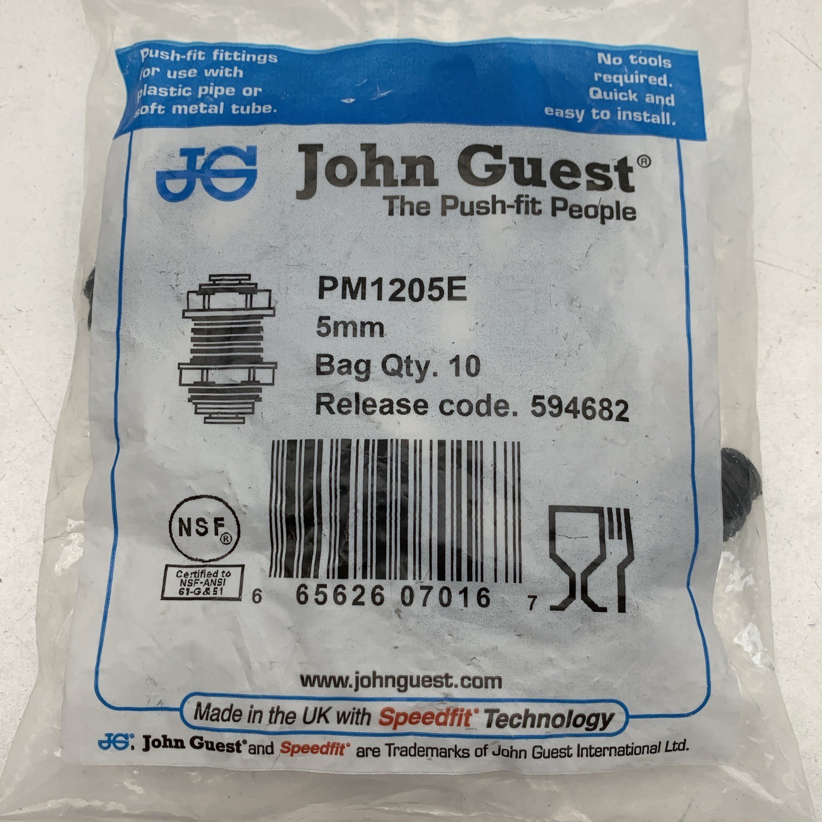 (2pcs) John Guest PM1205E Union Connector for 5mm OD Tube Through Bulkhead/Wall