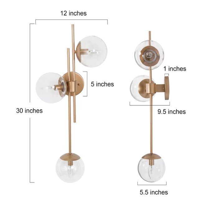 LNC Gold Linear Light 3-Light Modern Sconce with Clear Glass Globes