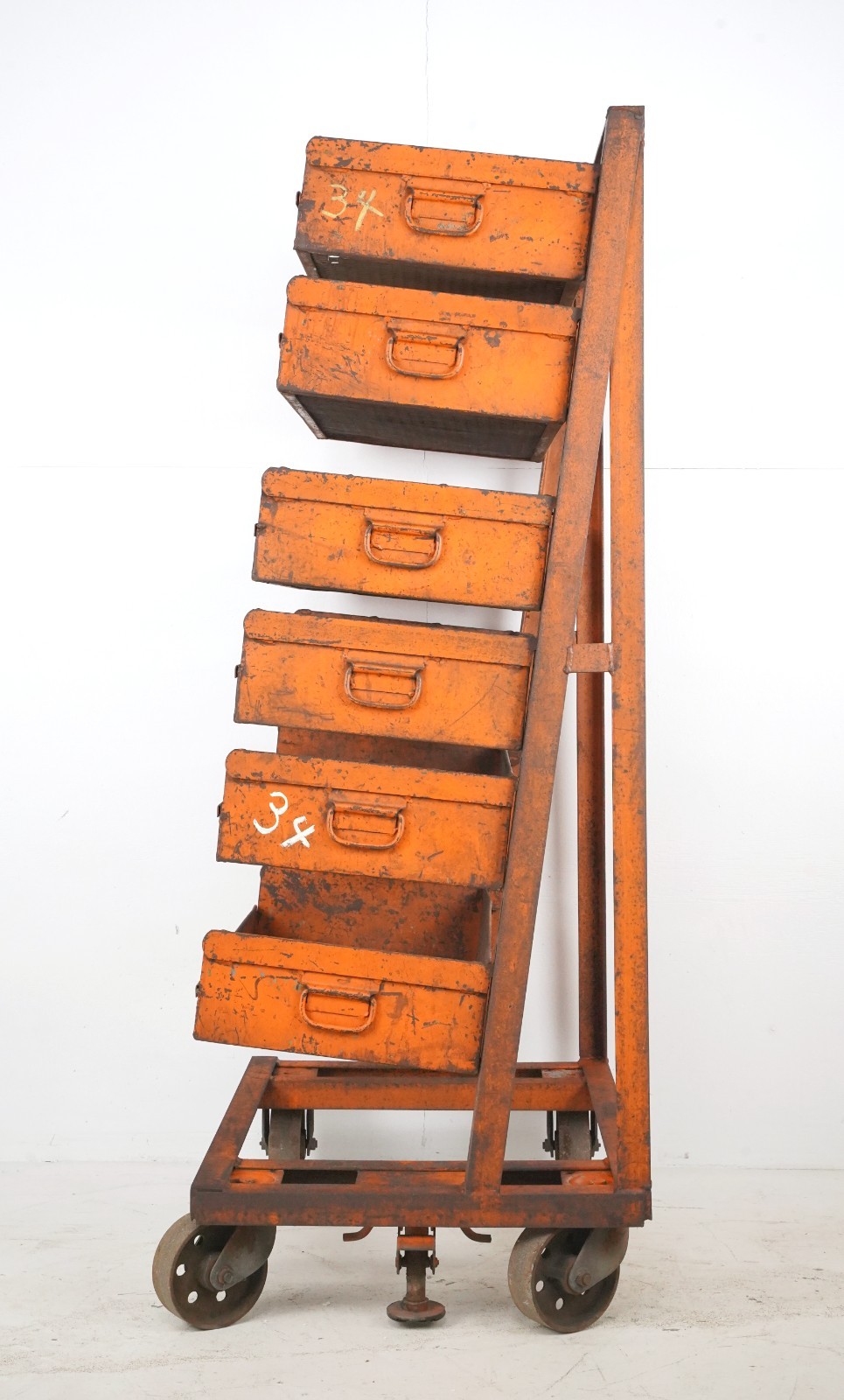 Industrial Six Tray Orange Steel Rolling Cart