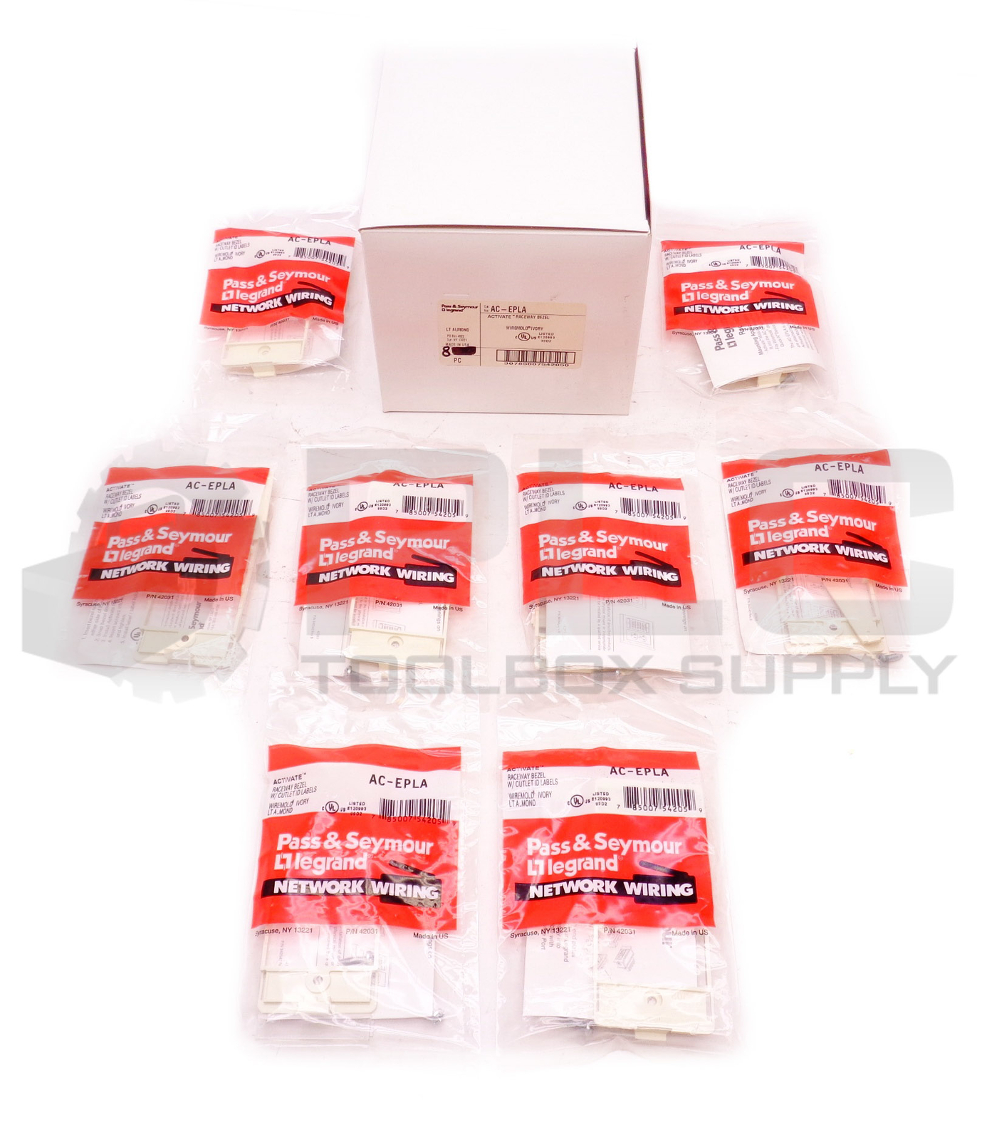 BOX OF 8 NEW PASS & SEYMOUR AC-EPLA RACEWAY BEZEL W/ OUTLET ID LABELS LT ALMOND