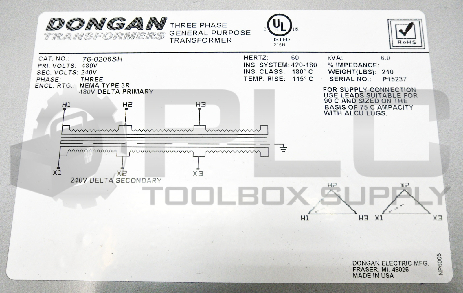 NEW DONGAN 76-0206SH TRANSFORMER THREE PHASE GENERAL PURPOSE 480V 6KVA