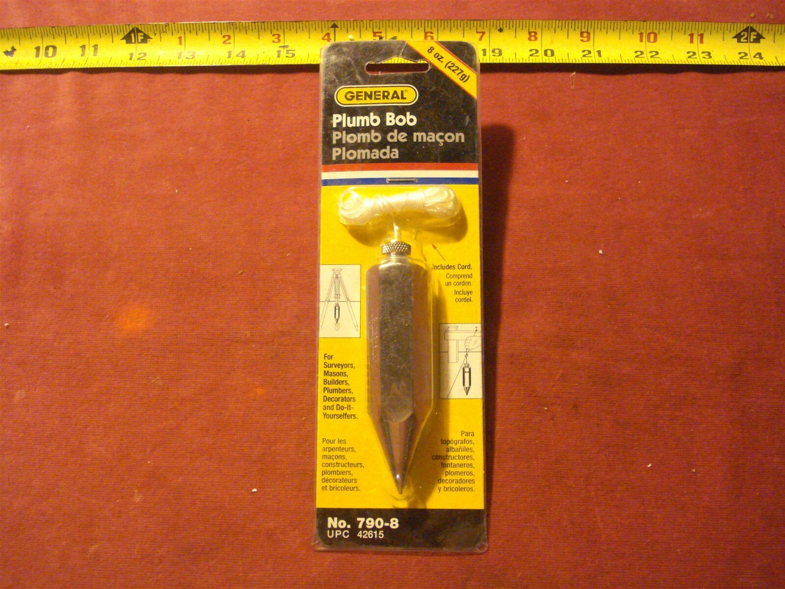 (0973.) General 790-8 Plumb Bob 8 oz Nickel Plated Hexagon Steel – with cord