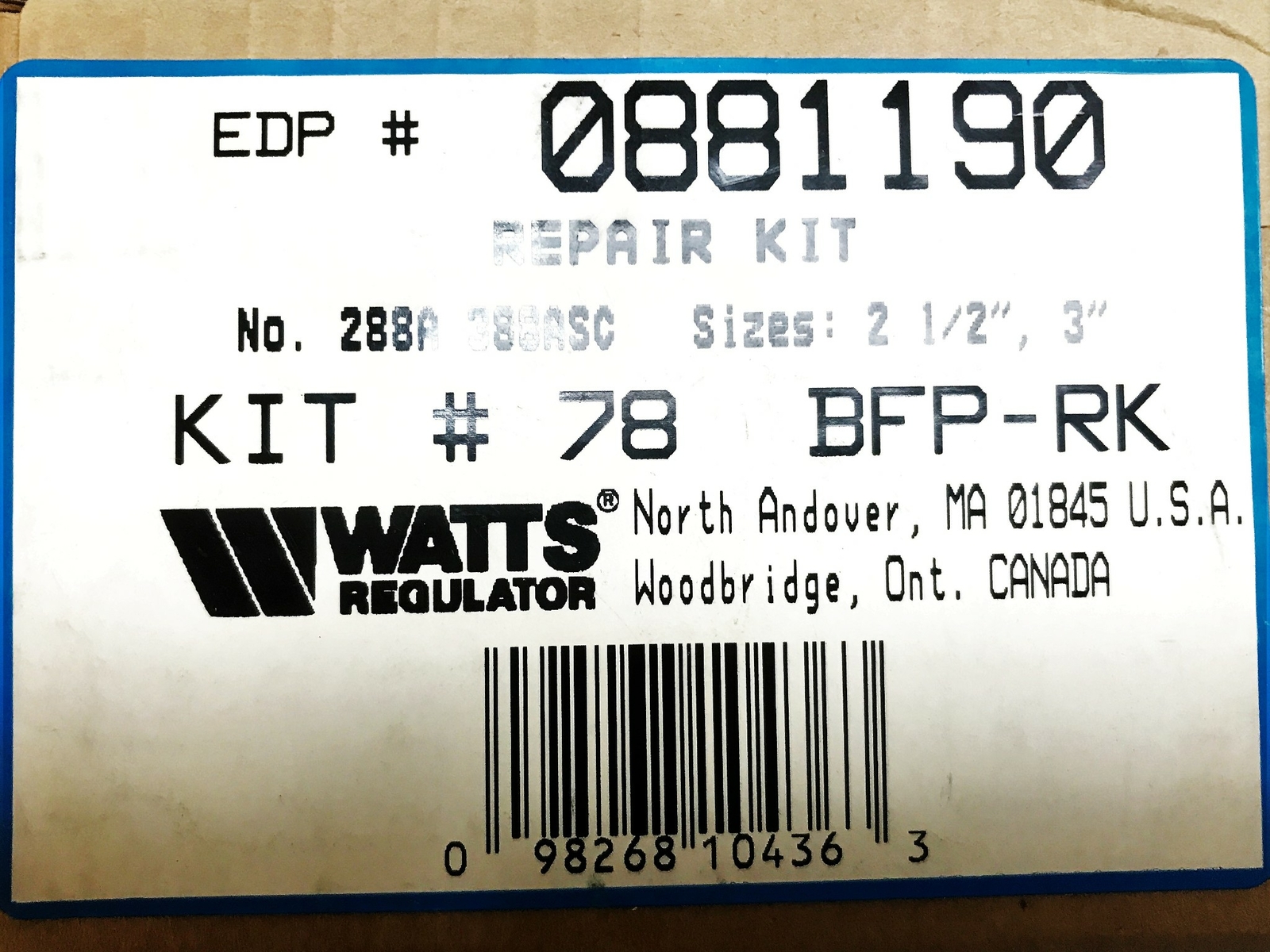 Watts 2-1/2″/3″ Anti-Siphon 288A Vacuum Breaker Repair Kit 0881190 NOS
