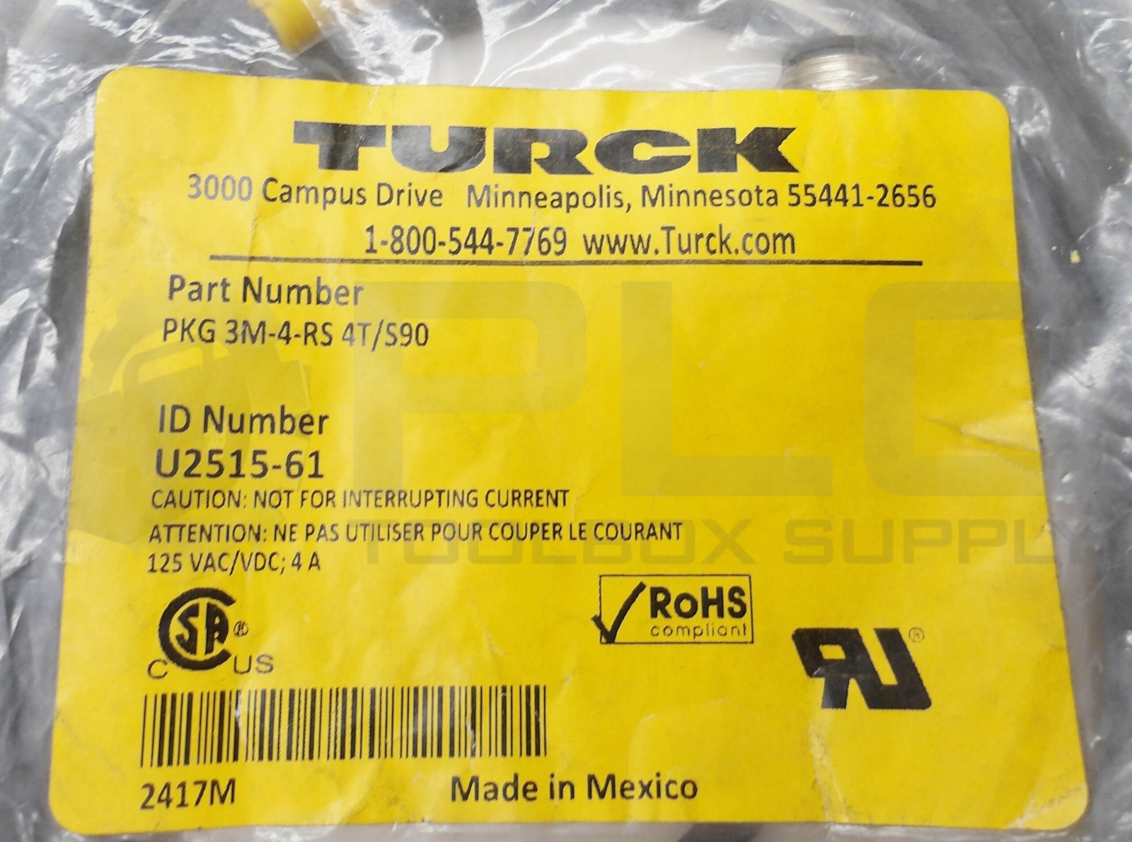 SEALED NEW TURCK PKG 3M-4-RS 4T/S90 FEMALE CONNECTOR CORDSET 4M U2515-61