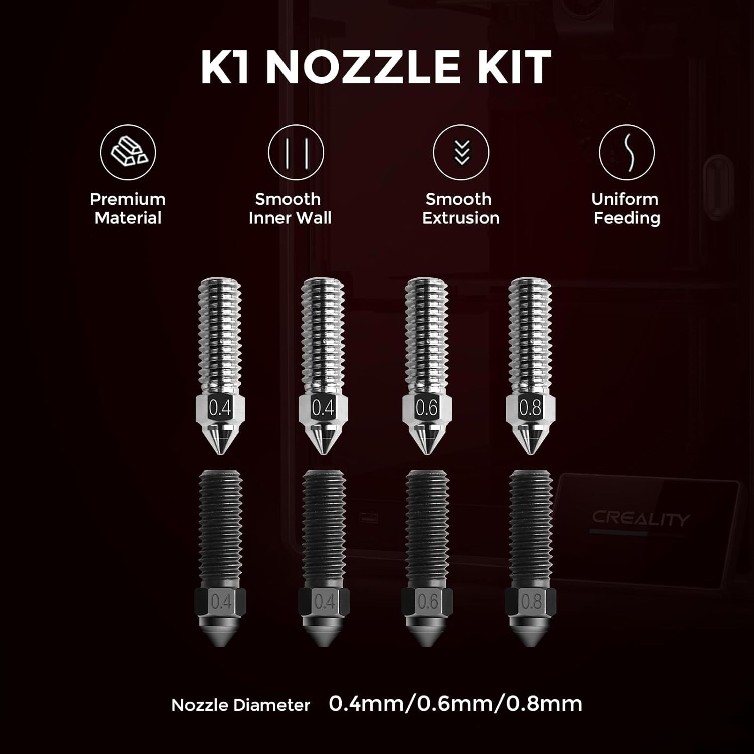 K1 Nozzle Kits 0.4Mm 0.6Mm 0.8Mm, 4Pcs Hardened Steel Nozzles & 4Pcs Copper Allo