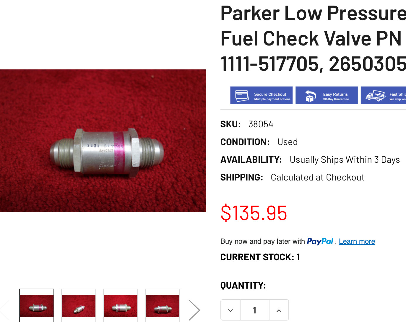 PARKER Low pressure Fuel Check Valve #1111-517705, MS-2885-2