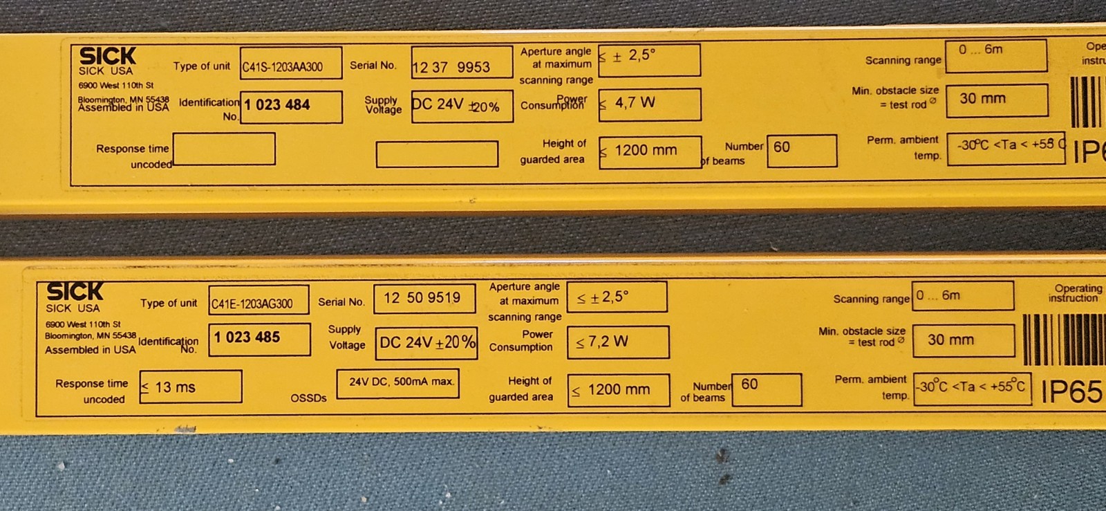 SICK C4000 C41E-1203AG300C41S-1203AA300 Safety Light Curtain Set Used.