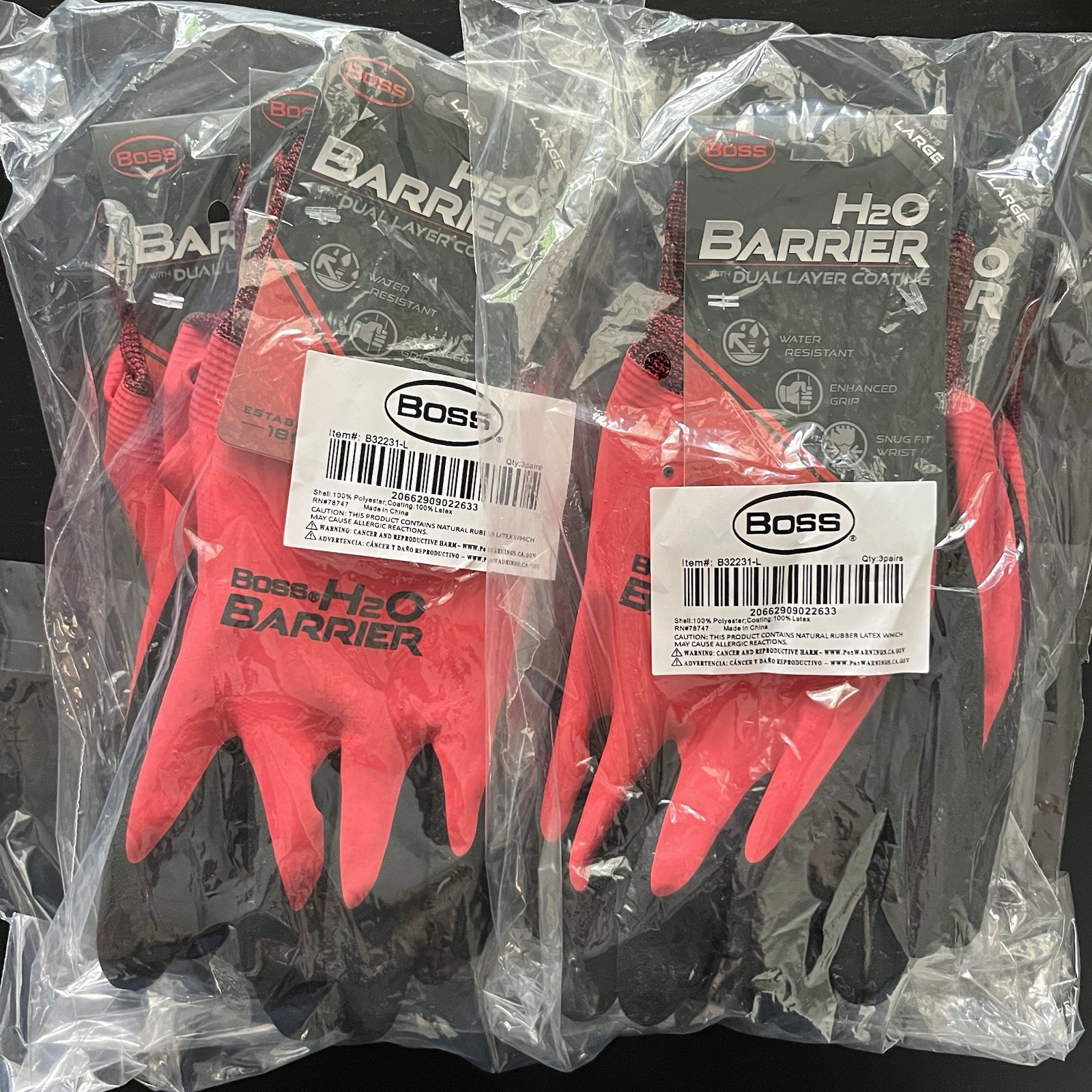 6 Pairs BOSS Men’s H2O Barrier B32231 Fully Coated Double Dipped Work Gloves L