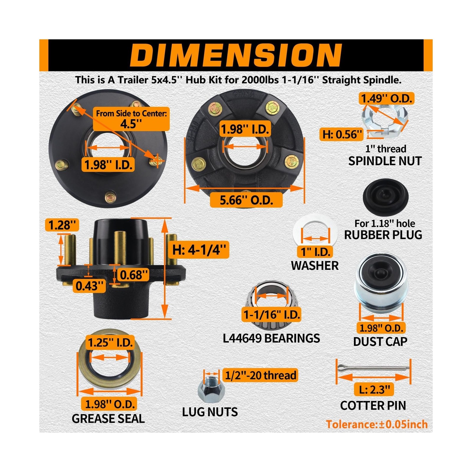 2 Sets Trailer Hub Kits 5 on 4.5” for 2000 lbs 1-1/16” Straight Spindle, Pr…
