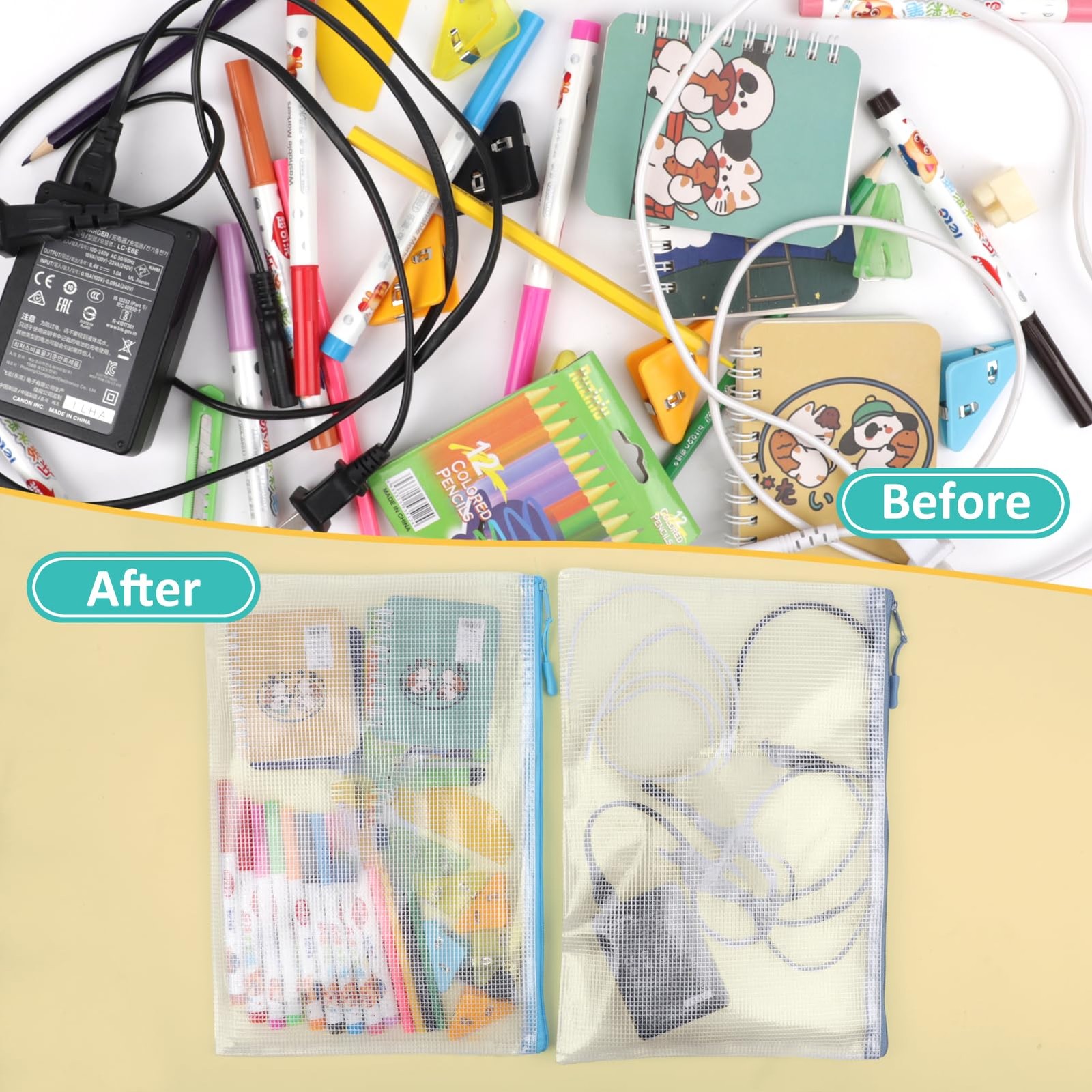 YOPCDJ 12pcs Mesh Zipper Pouch Bags, A4 Puzzle Bag (12 Colors, 9×13, 12 Color