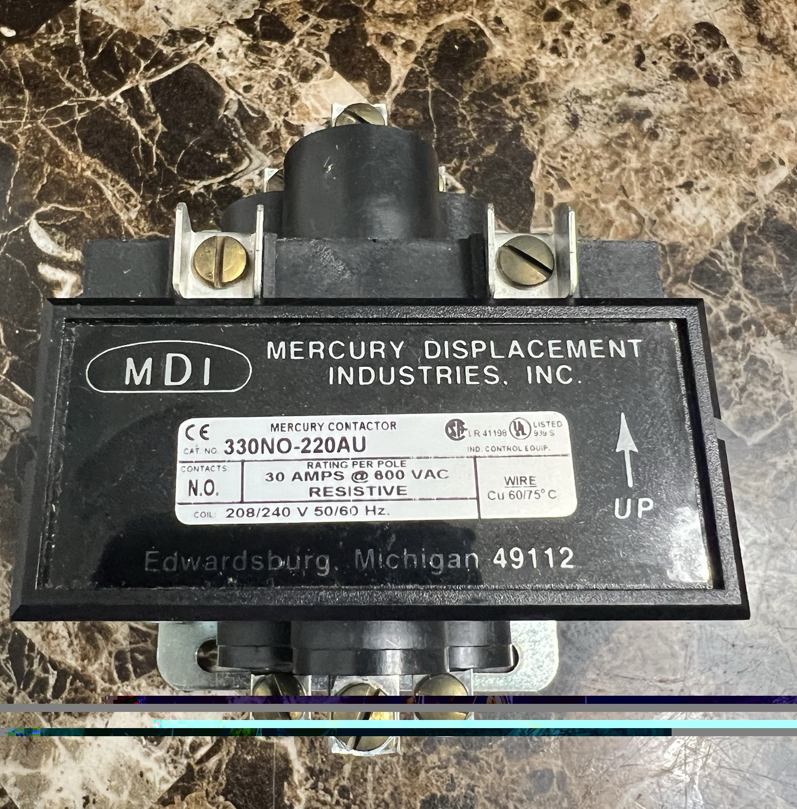 MDI Mercury Contactor 330NU-220AU, 30 A, 3 Pole, 600 VAC, 208/240 V, 50/60 Hz