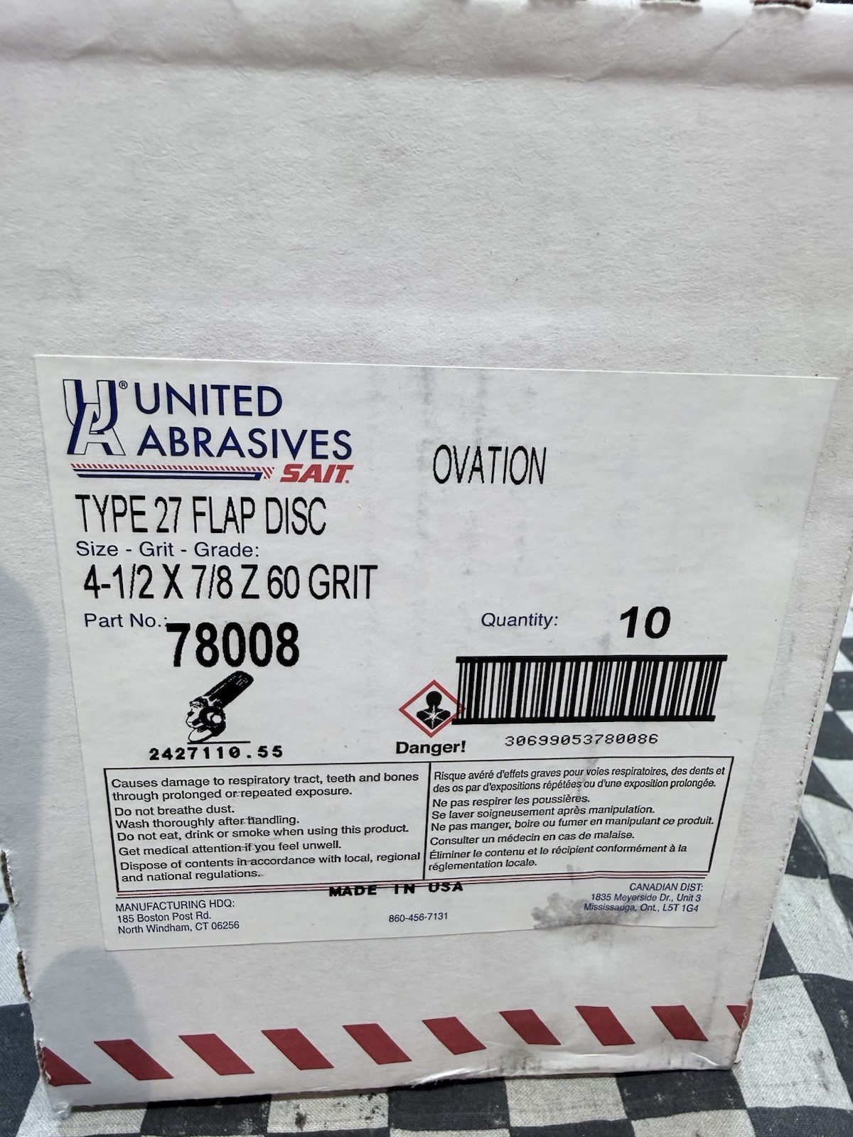 x10 UNITED ABRASIVES Type 27, 4-1/2″ x 7/8″, 60 Grit, Fiberglass, 78008, 5LTU2