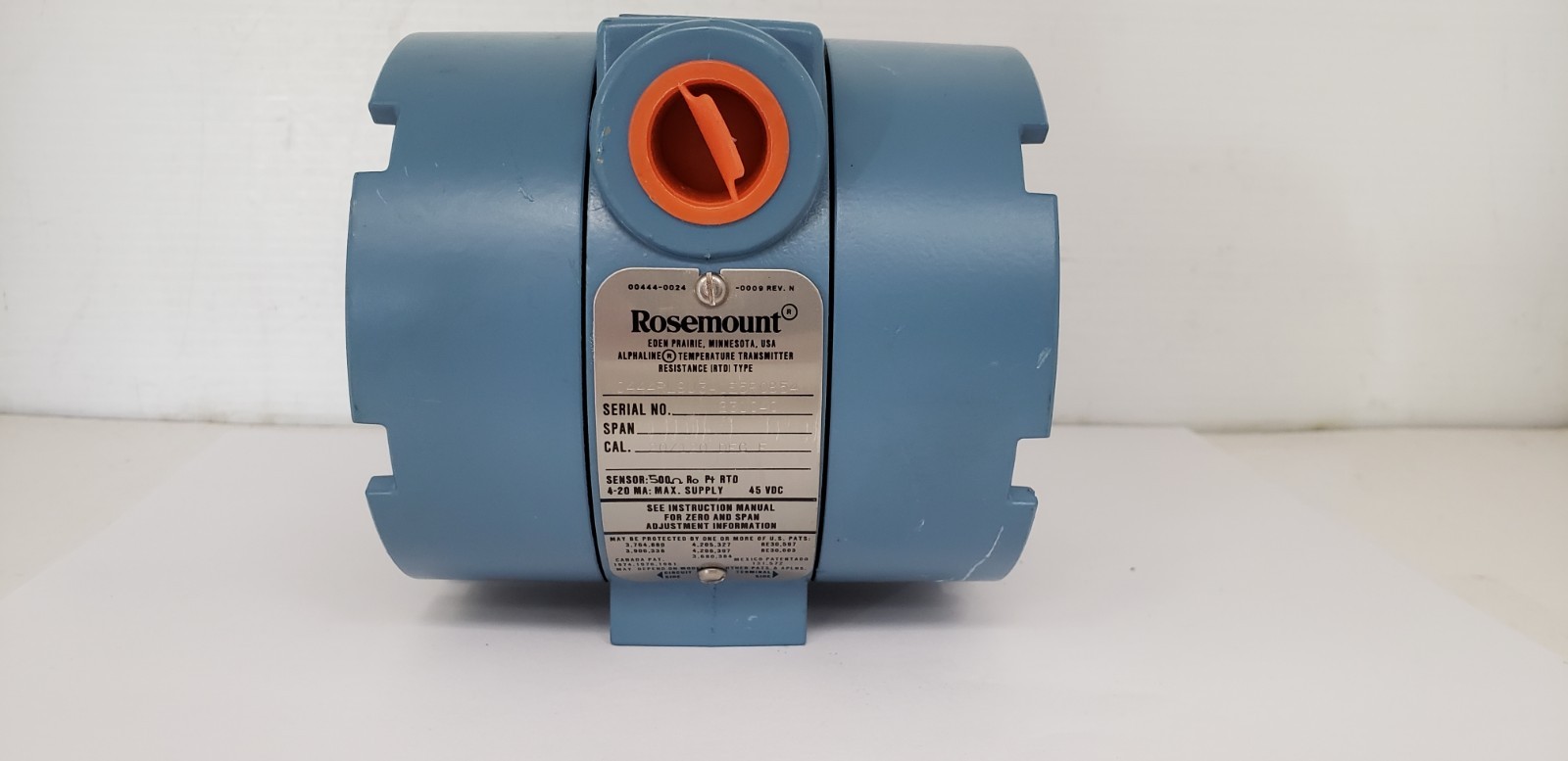 ROSEMOUNT 0444RL9U3A1E5R0854 TEMPERATURE TRANSMITTER, 20/120 DEG F, 45VDC, NNB