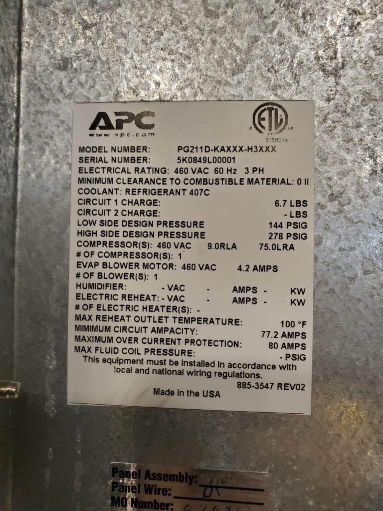 APC PG211D-KAXXX-H3XXX Precision InRoom AC 460V 3Ph 73500 BTU