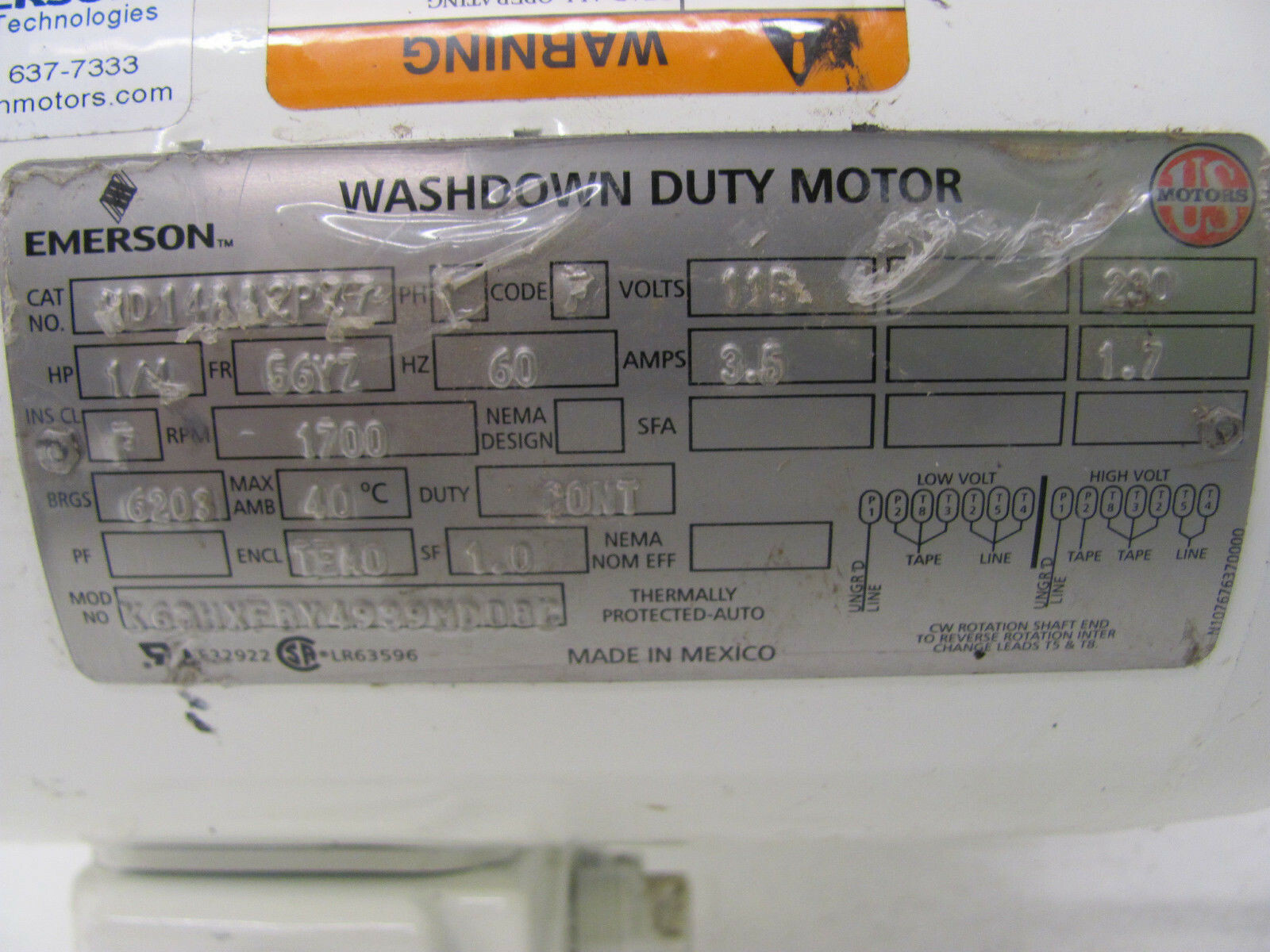 EMERSON WASHDOWN DUTY MOTOR HD14AA2PZ7 K63HXFBY4939HD08C 1700RPM .25HP NEW(OTHER