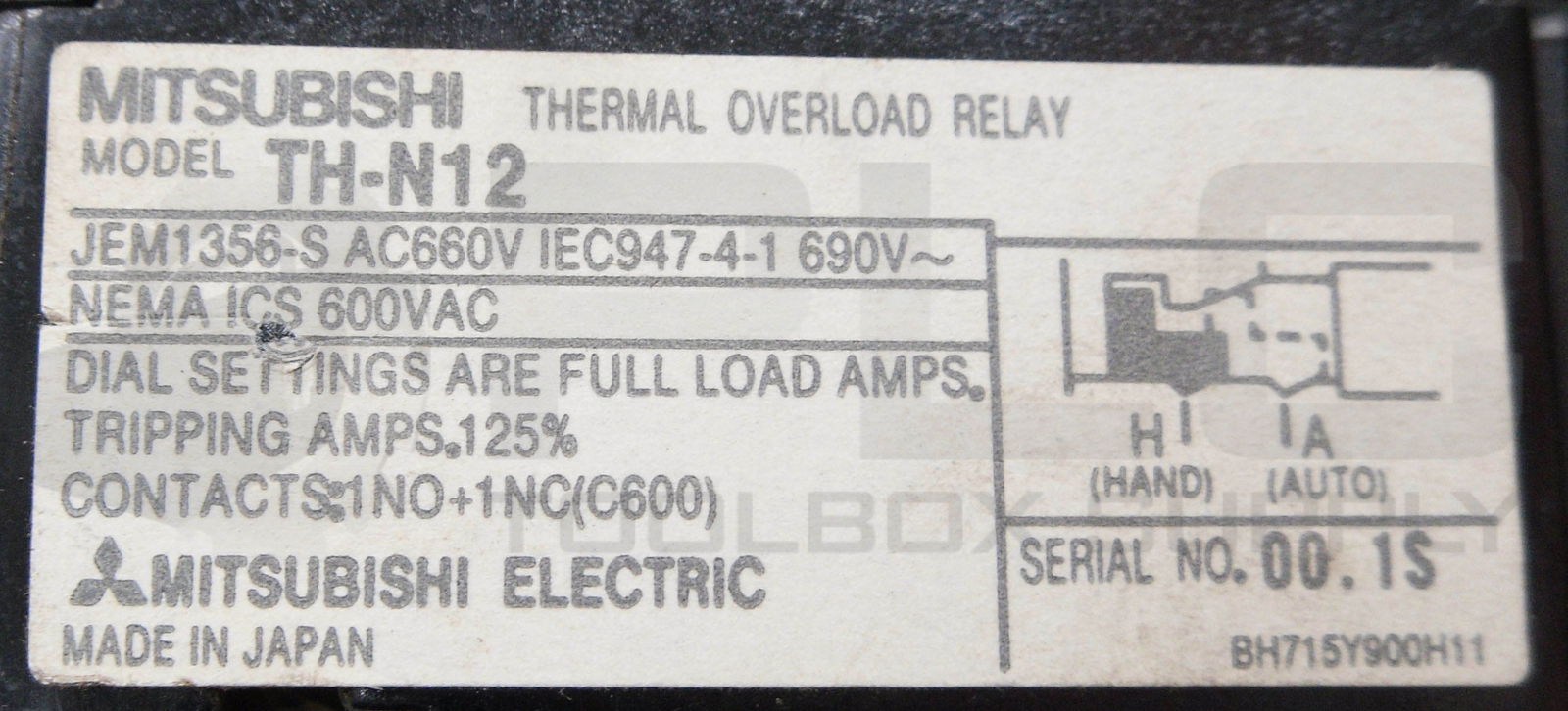 MITSUBISHI SD-M11 CONTACTOR 440V 15A W/ TH-N12 THERMAL OVERLOAD RELAY 600VAC