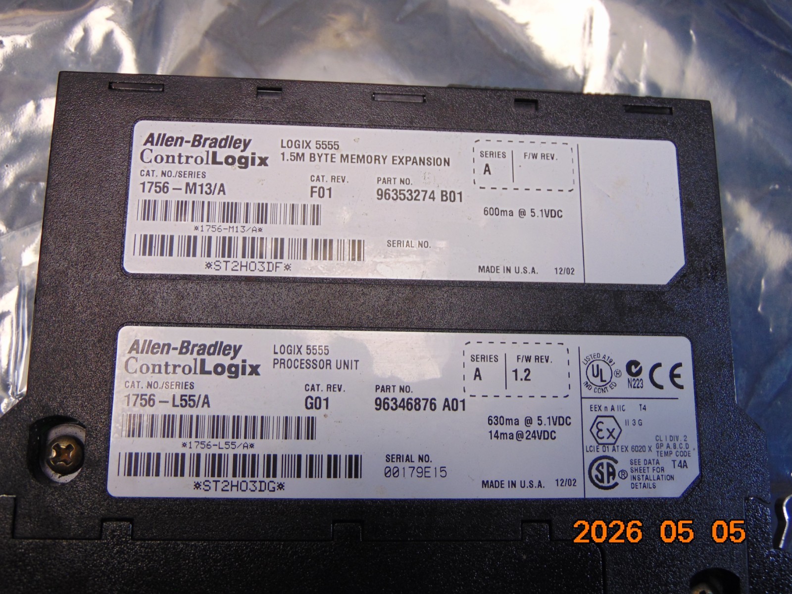 ALLEN BRADLEY 1756-L55/A PROCESSOR UNIT and 1756-M13/A MEMORY EXPANSION