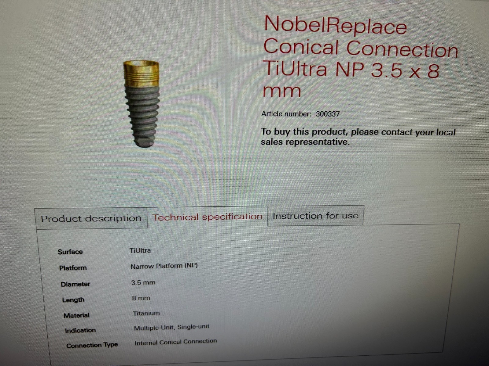 Nobel Biocare NobelReplace Conical Connection TiUltra NP 3.5 x 8mm