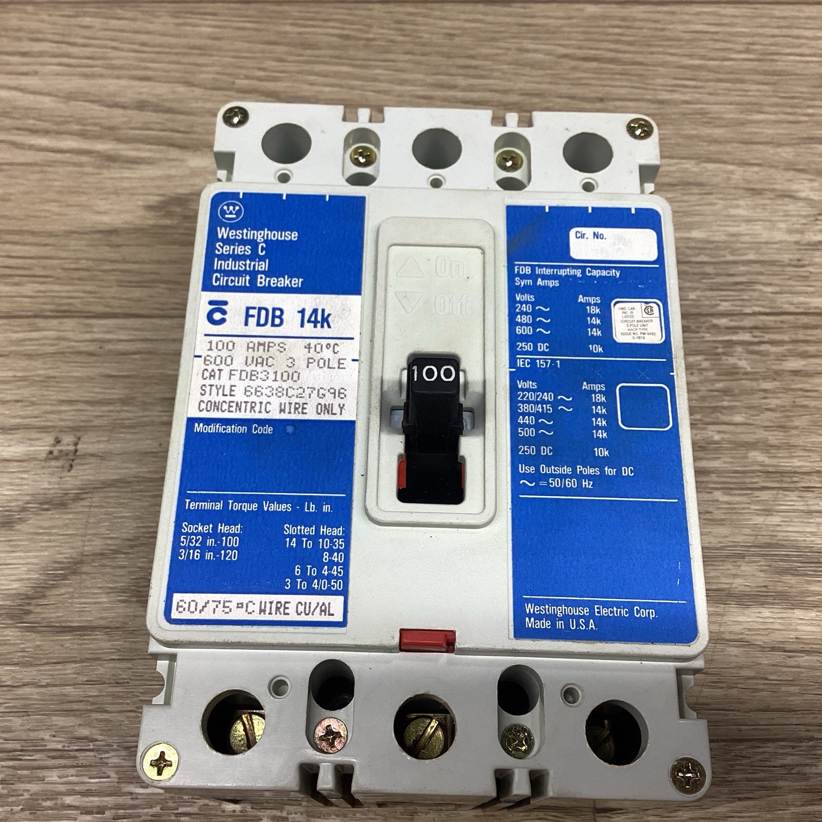 WESTINGHOUSE SER. C FDB 14K 100A 3P 600V FDB3100 CIRCUIT BREAKER #813D100PR6*CO