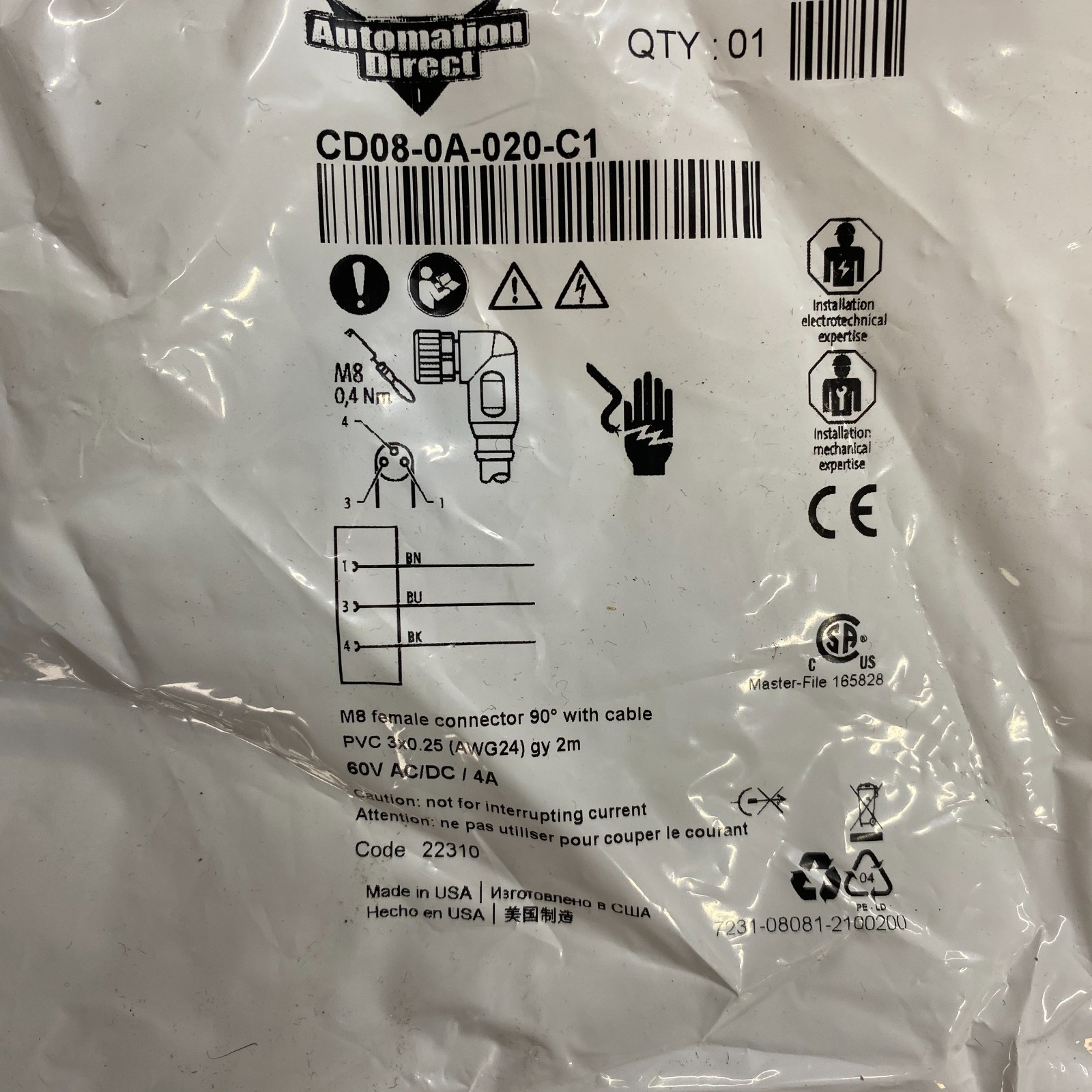Automation Direct CD08-0A-020-C1 Cable,Female Connector 90 With Cable PVC 3X0.25