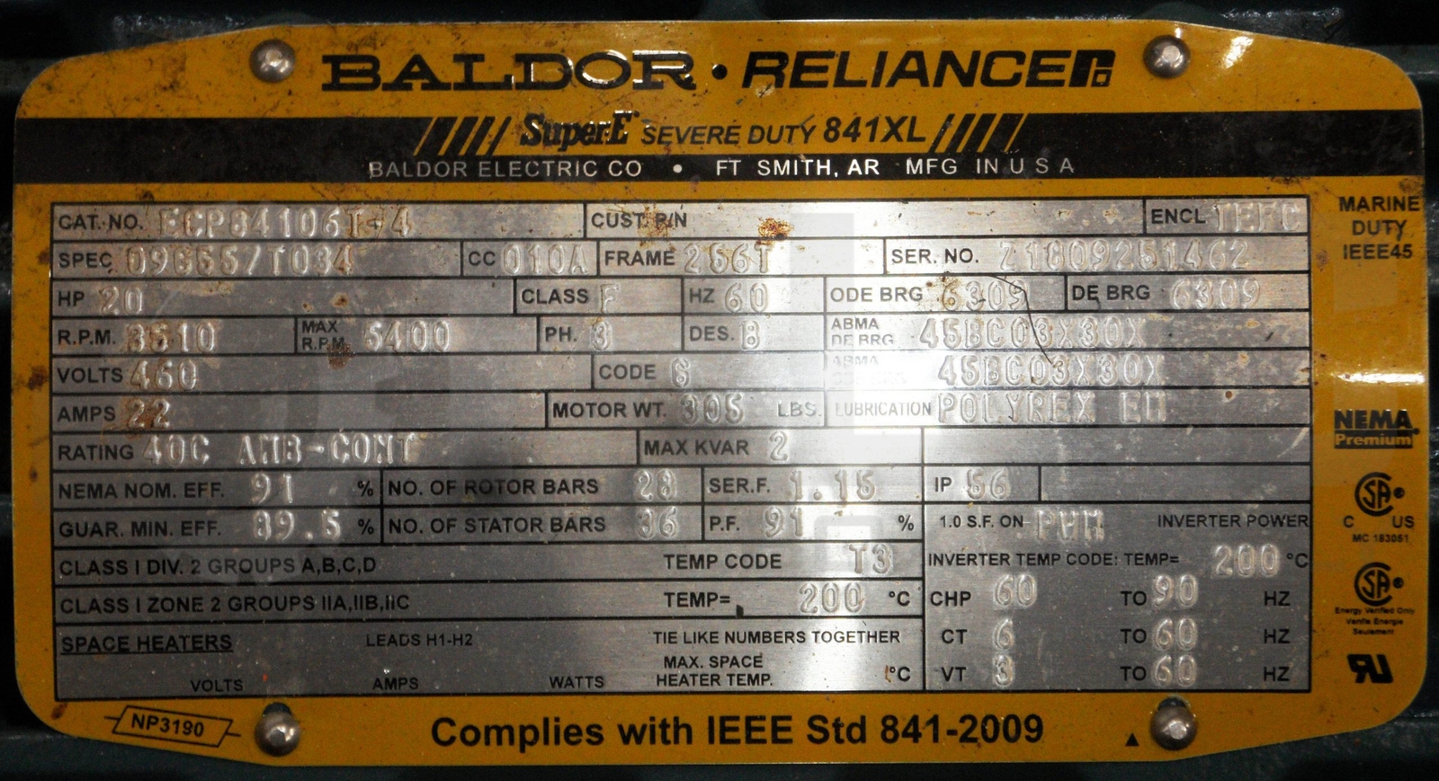 NEW BALDOR ECP84106T-4 MOTOR 256T FR 20HP 60HZ 3510/5400RPM 3PH 460V 22A *READ*