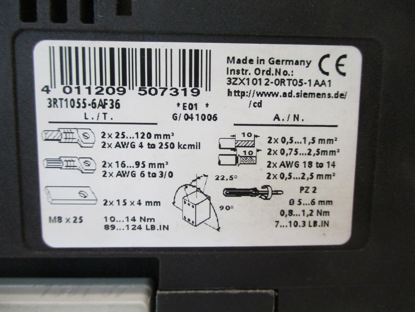 Siemens 3RT1055-6AF36 185A Contactor A3934LR