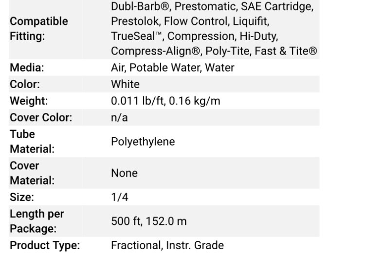 Parker Paraflex Polyethylene Tubing E-43-WHT-0500, 500 Ft