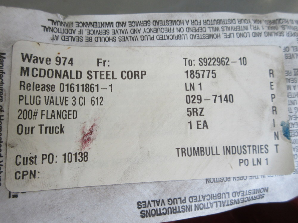 Homestead 0612001030 Flanged Plug Valve 3CI612