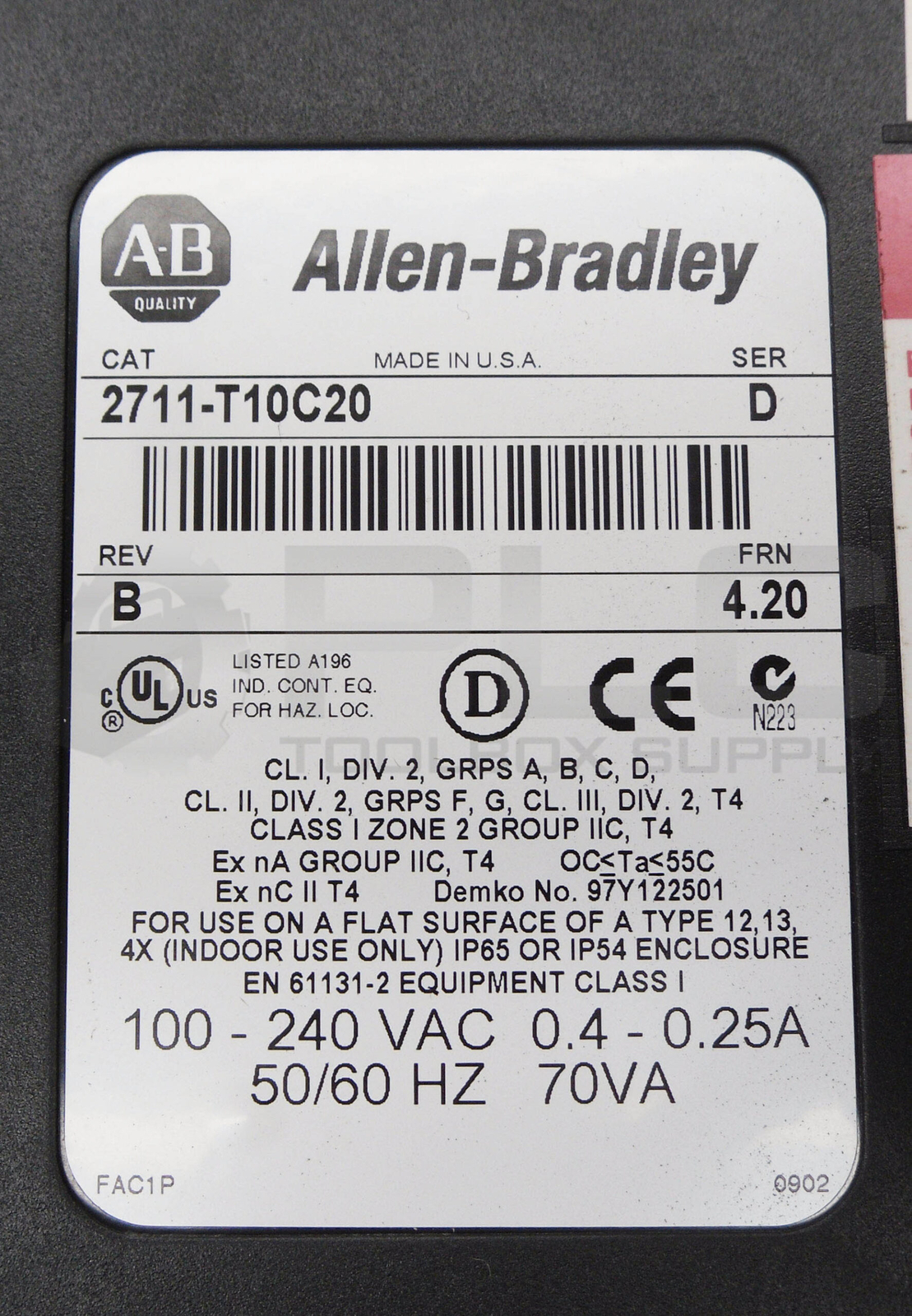 ALLEN BRADLEY 2711-T10C20 /D PANELVIEW 1000 OPERATOR INTERFACE 10.5″ FRN 4.20