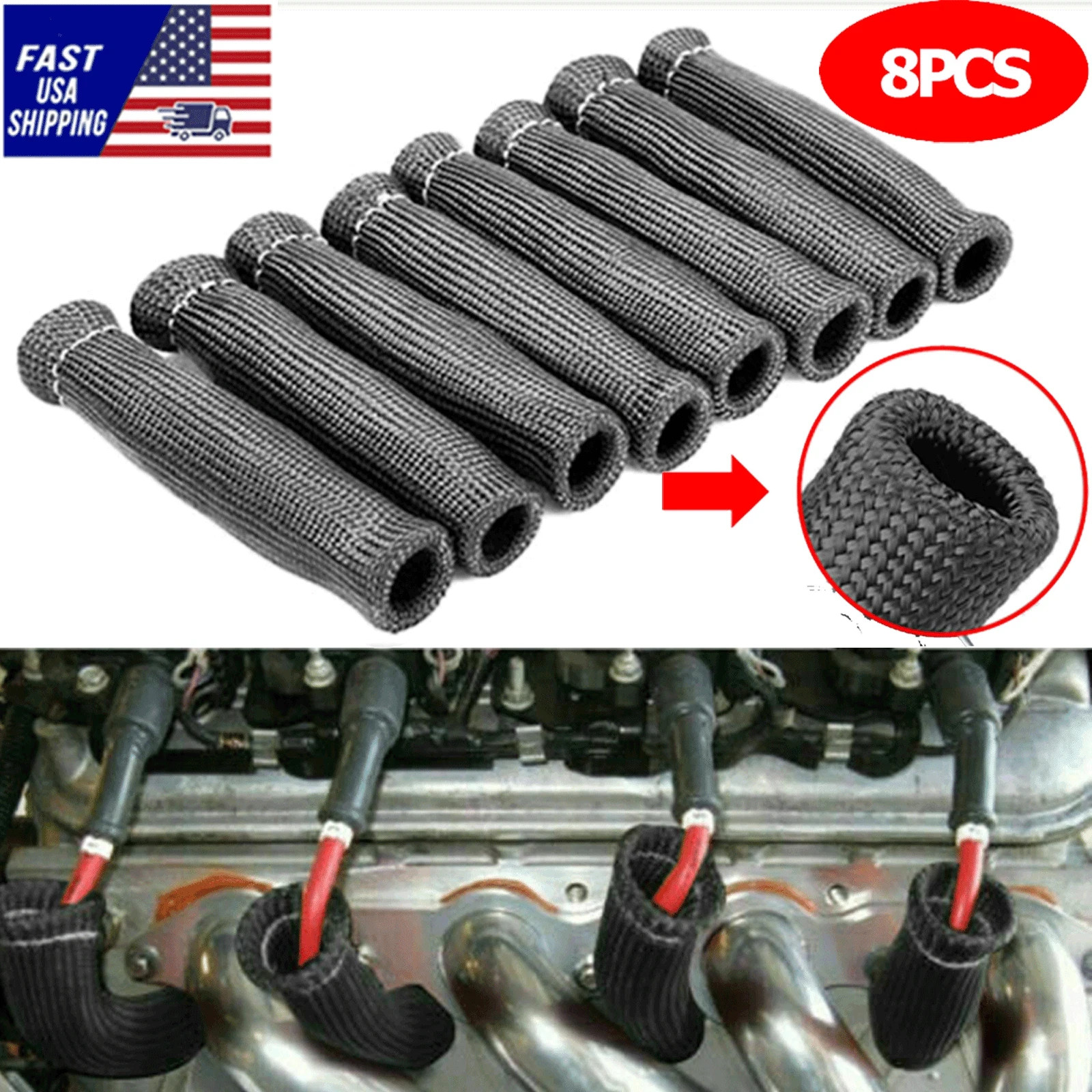 8pcs 2500° 6″ Spark Plug Wire Protector Boots Sleeve Heat Shield Cover fits MOST