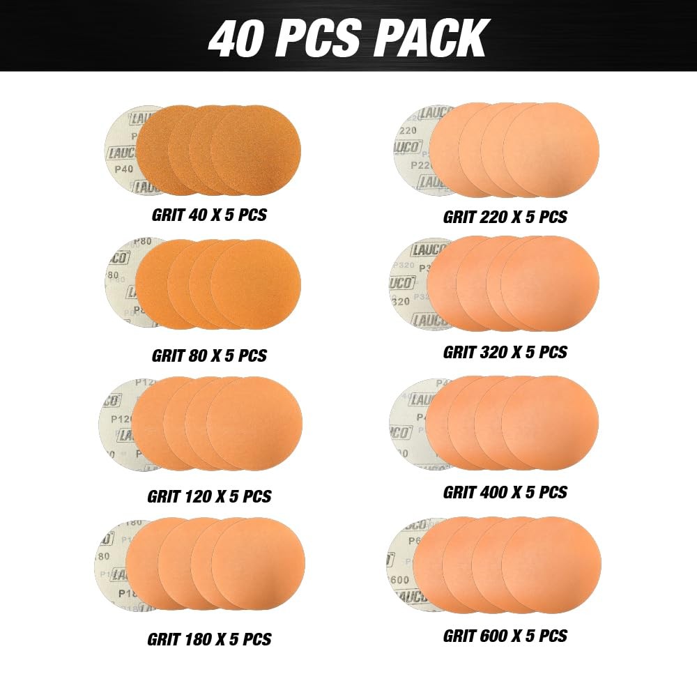 Premium 6″ Hook and Loop , 5 Each of Grit 40, 80, 120, 180, 220, 320, 400, 600