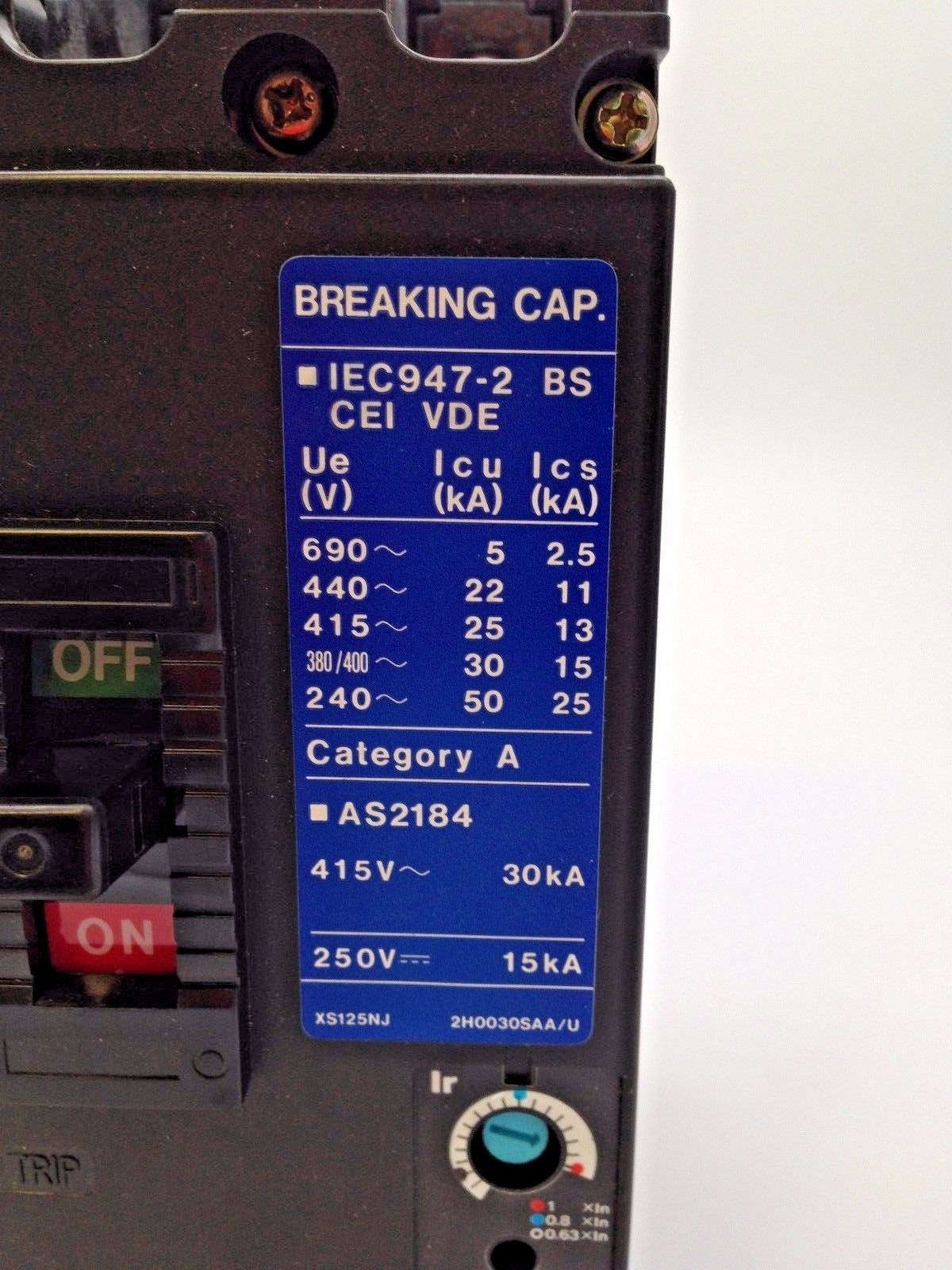 TERASAKI TemBreak XS125NJ Circuit Breaker 3 Pole 20A FC 30kA at 415VAC