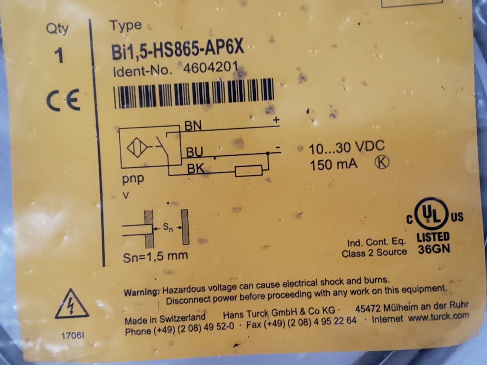 TURCK BI1,5-HS865-AP6X INDUCTIVE PROXIMITY SENSOR 10-30VDC (460201) NIB