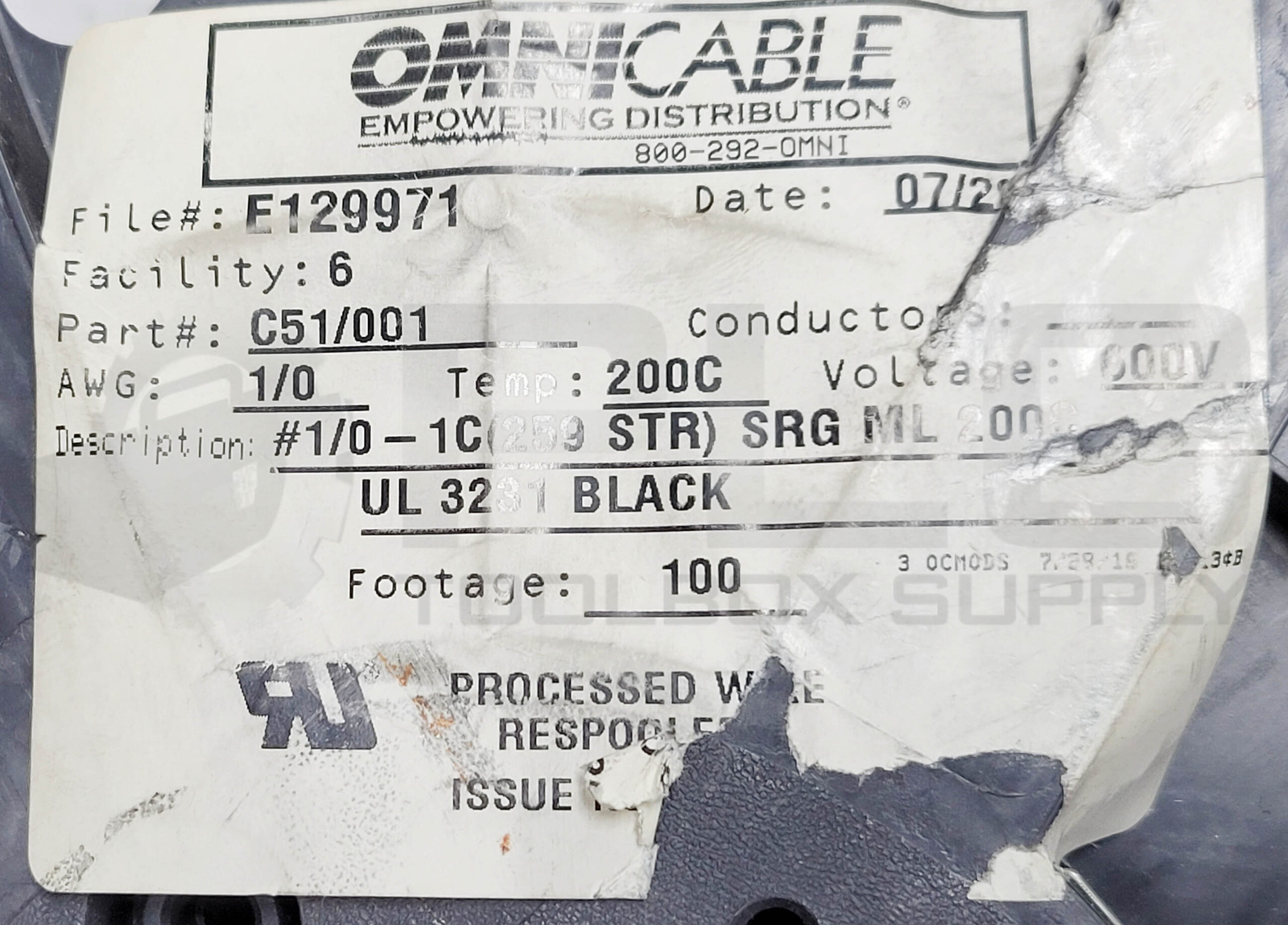 NEW OMNICABLE C51/001 CABLE APPROX 50′ 1/0AWG 200C 600V BLACK