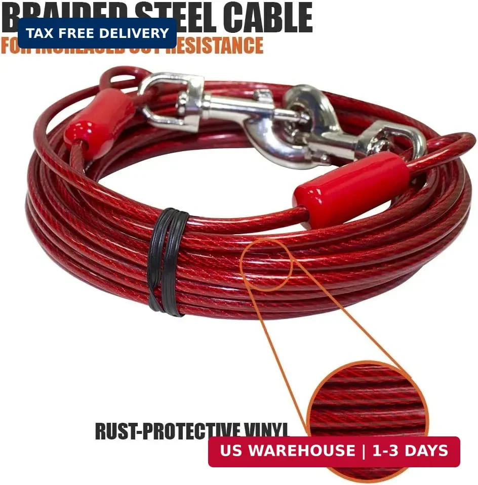 BV Dog Tie Out Cable 30 Feet – Heavy Duty Dog Lead Up to 125 Pounds – Reflective