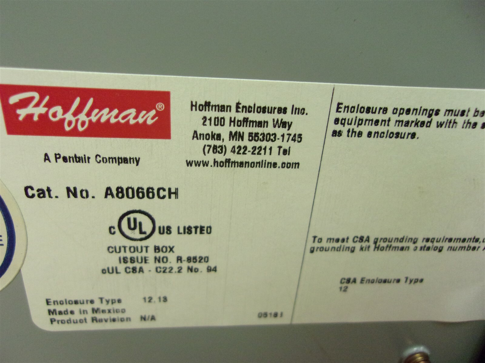 Hoffman Payne Sparkman A8066CH 1S100-M-HL-JB-T Enclosed Box 8-3/8″x6-1/2″
