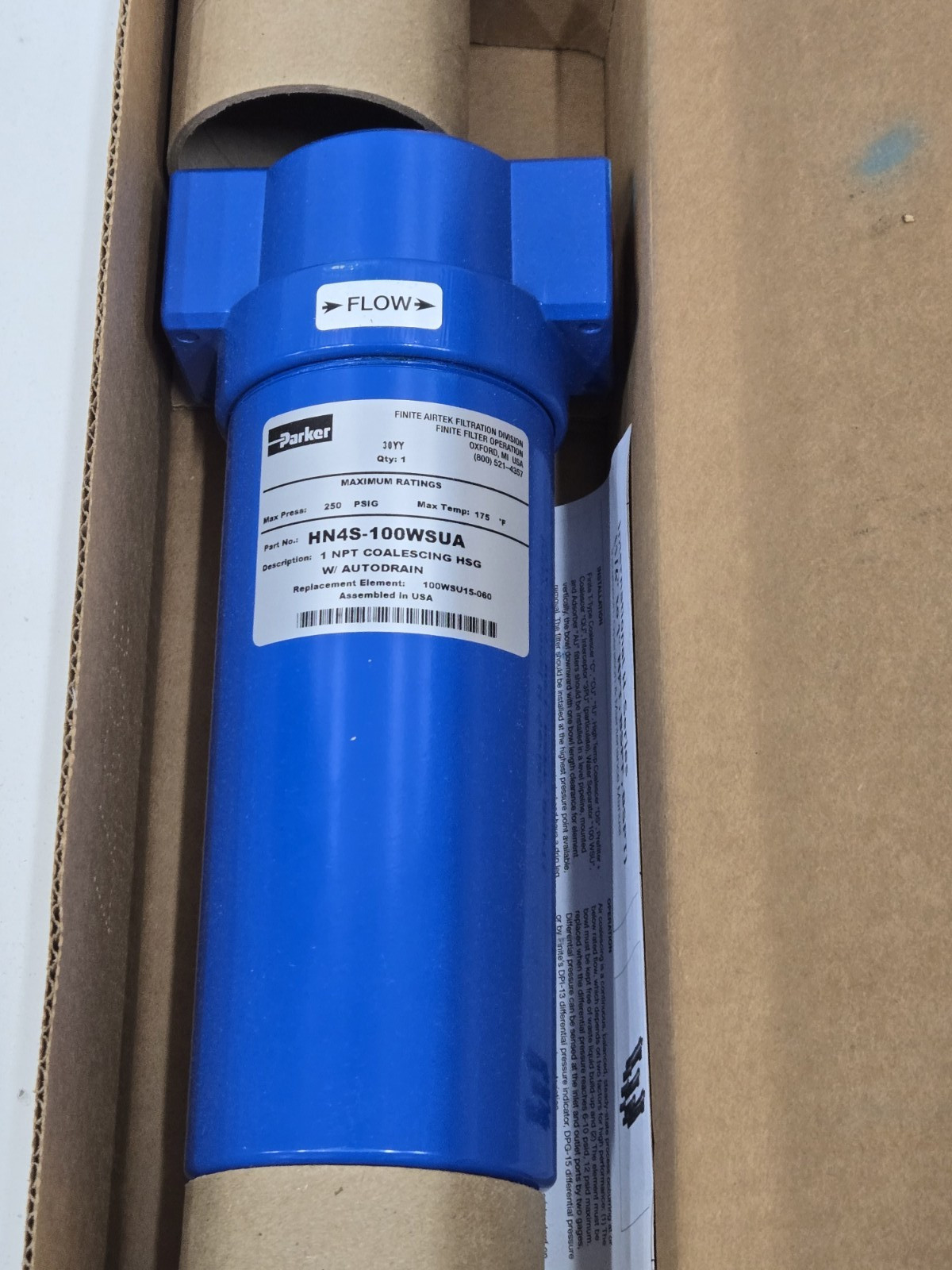 Parker HN4S-100WSUA Finite Water Separator 1 NPT Coalescing HSG w/ Autodrain