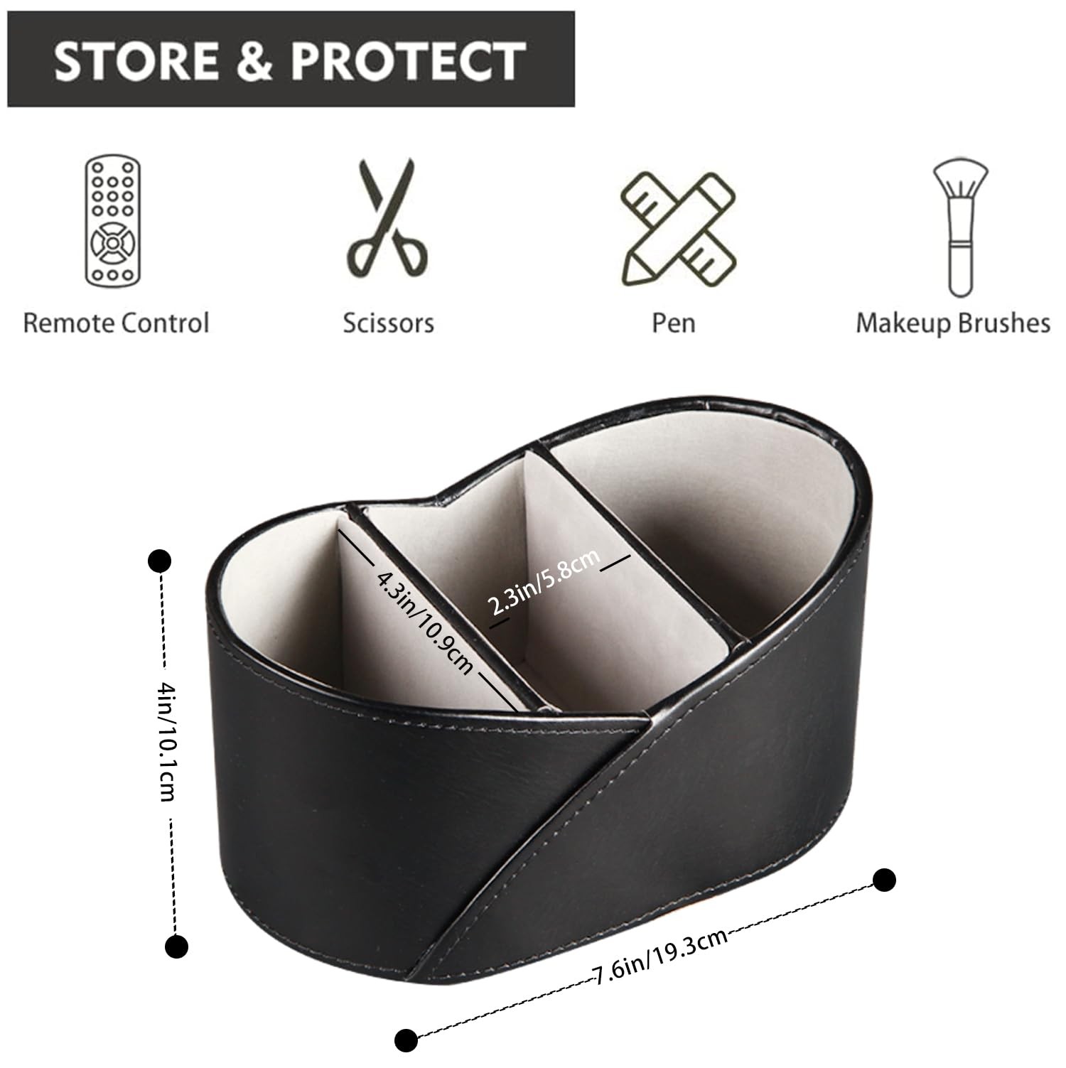 PU Leather TV Remote Control Holder with 3 Compartments, Bedside Table Black