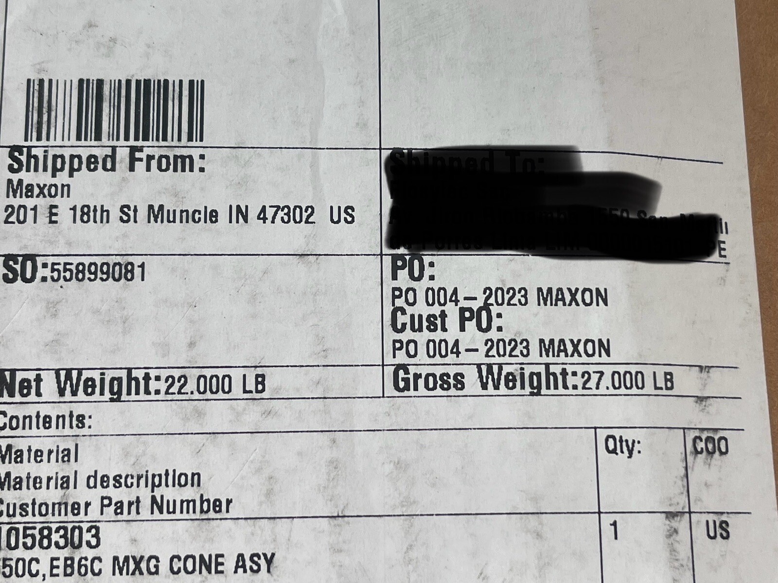 HONEYWELL MAXON 1058303 550C EB6C MIXING CONE