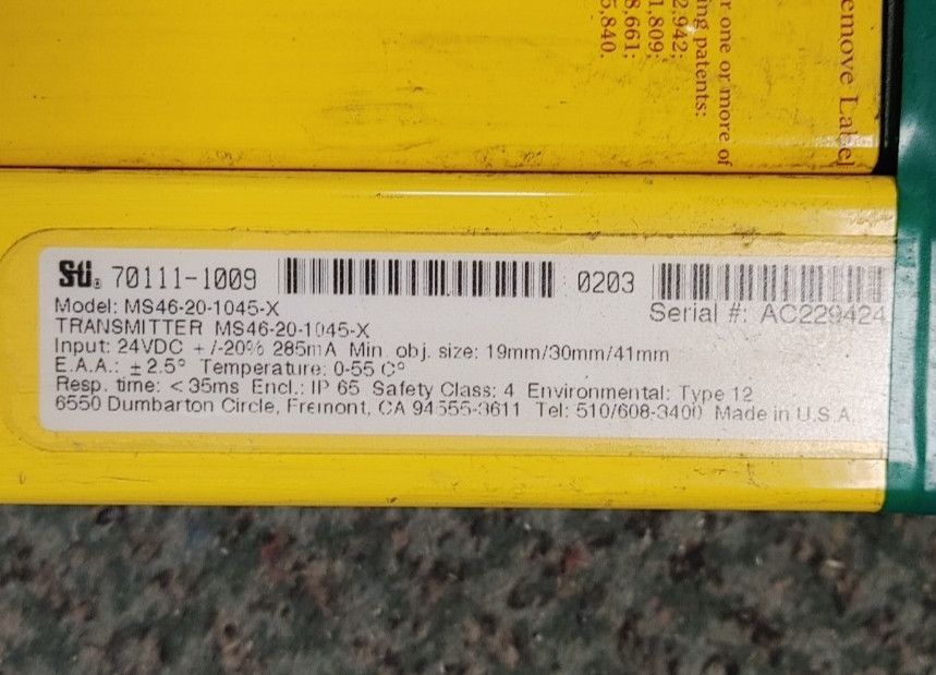 STI MINI SAFE 4600 MS46SR-20-1045-R-FP & MS46-20-1045-X LIGHT CURTAIN PAIR NEW!!