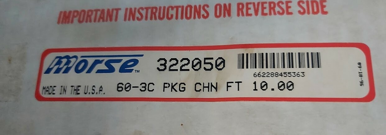 Morse 60-3C Roller Chain 322050 Box of 10 Feet NIB