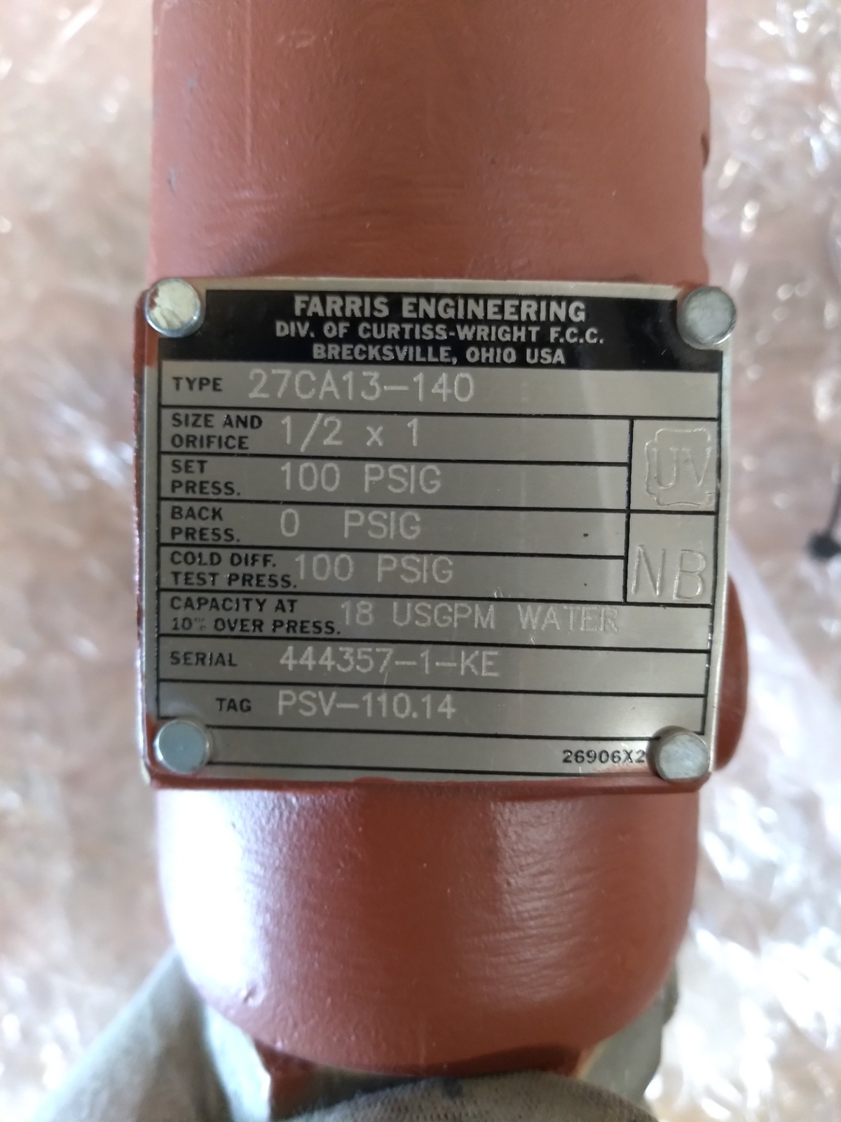 FARRIS 27CA13-140 1/2*1 100 PSIG 18USGPMWATER 444357-1-KE PSV-110.14 26181 CFBM