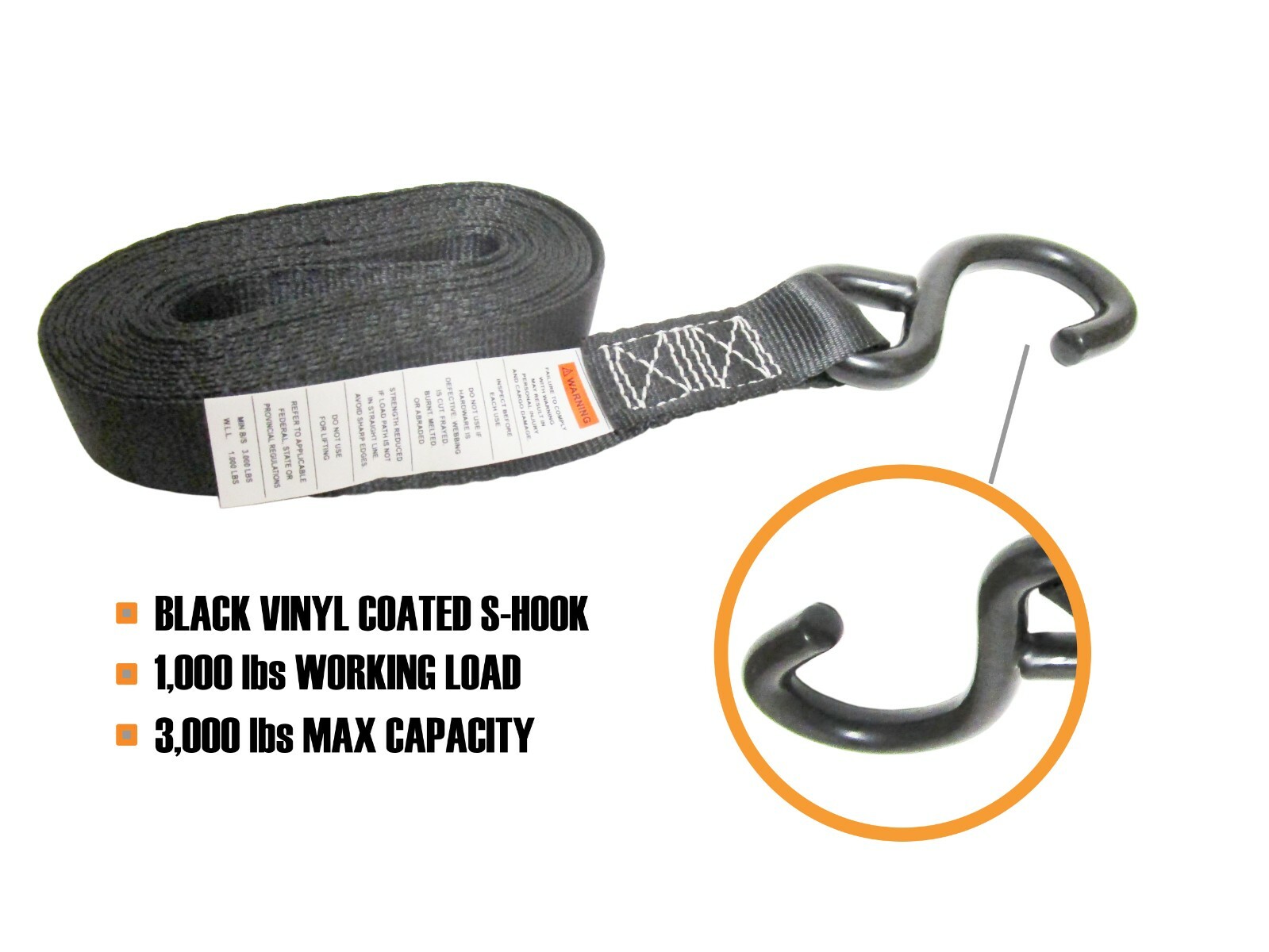 1″ x 12′ Short Tail Ratchet Tie Down Strap with S Hook Heavy Duty – Pack of Four