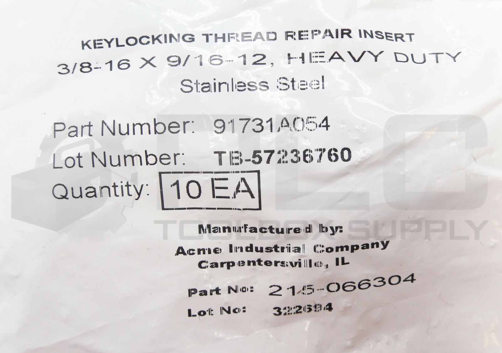 BAG OF 10 NEW ACME CO. 91731A054 3/8-16 X 9/16-12 HD SS THREAD REPAIR INSERT