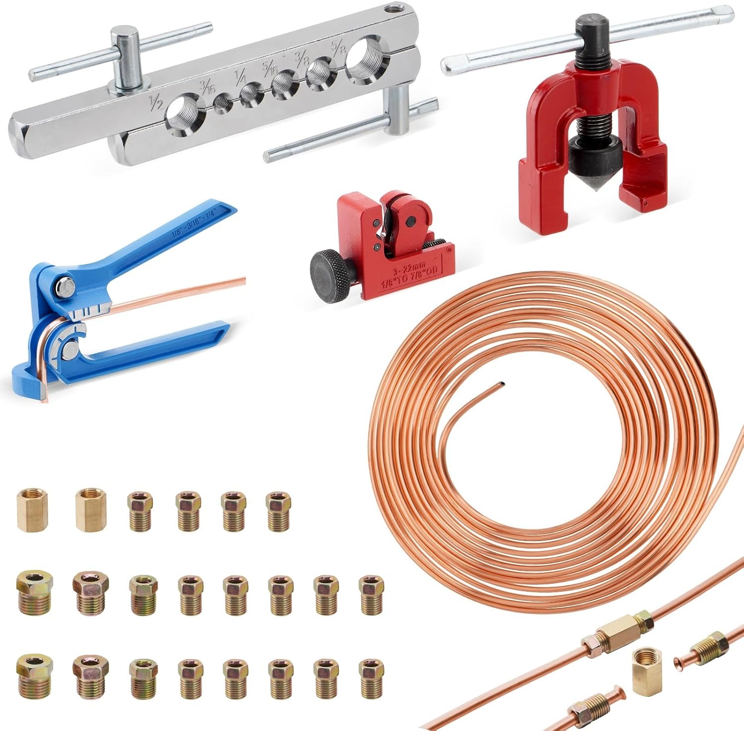 25Ft 3/16″ Copper-Coated Brake Line Kit and 16 Fittings, 2 Union and 4 Nut USA