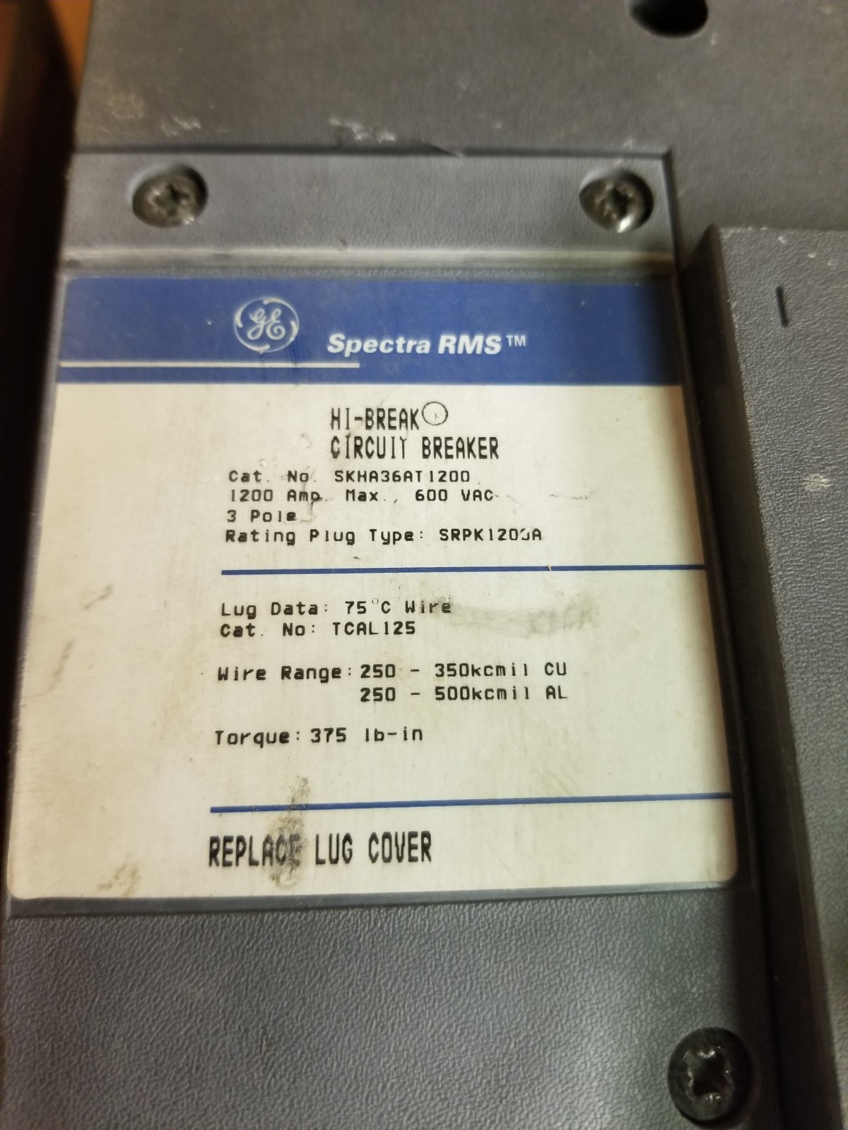 GE Spectra RMS Circuit Breaker SKHA36AT1200 Model No. 1 1200A 600VAC 52091WVS
