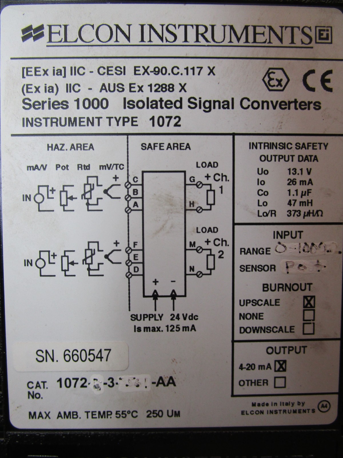 Elcon Instruments Series 1000 Isolated Signal Converter 1072-3-AA 51856WVS