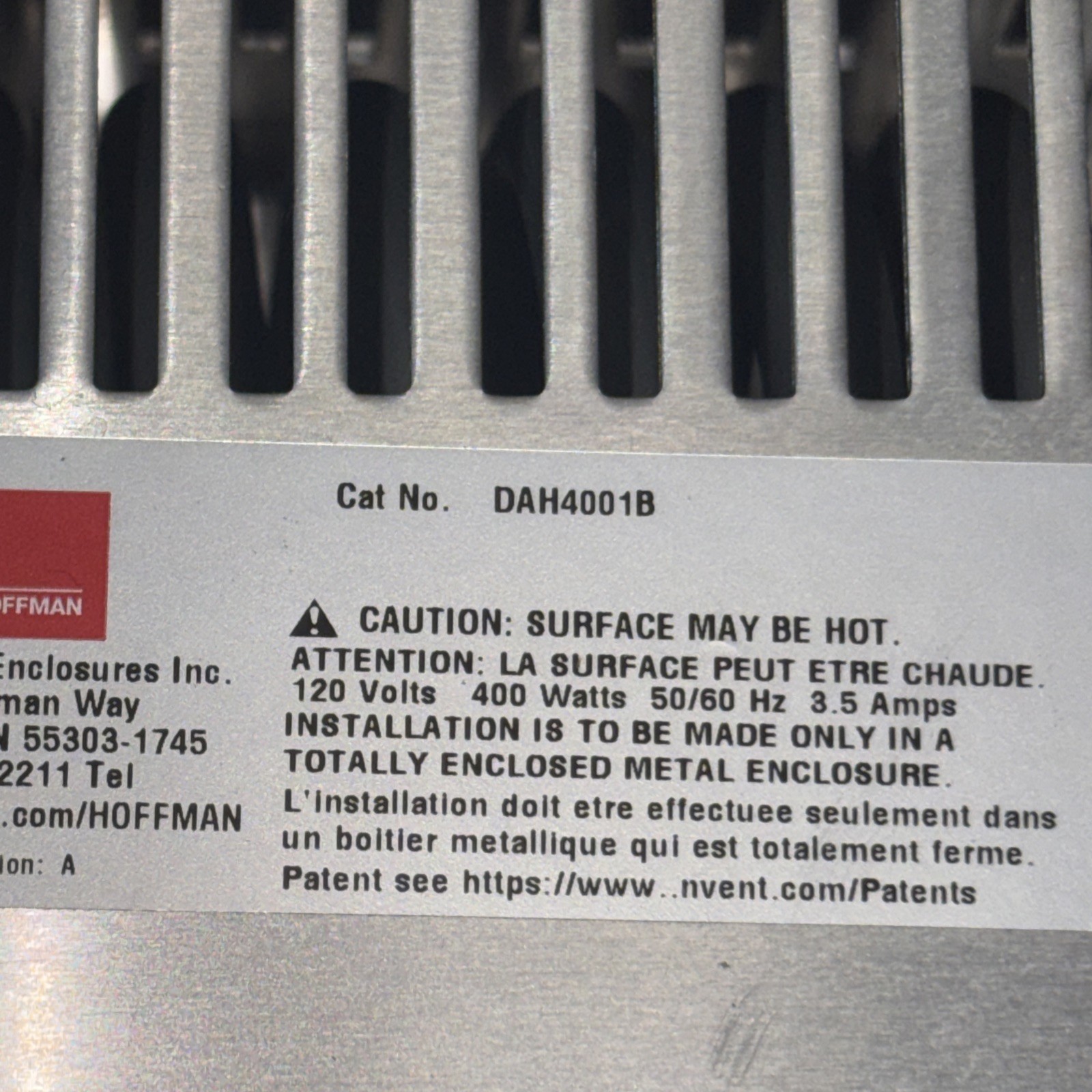 Hoffman DAH4001B Electric Heater 400W 115V 50/60Hz Aluminum