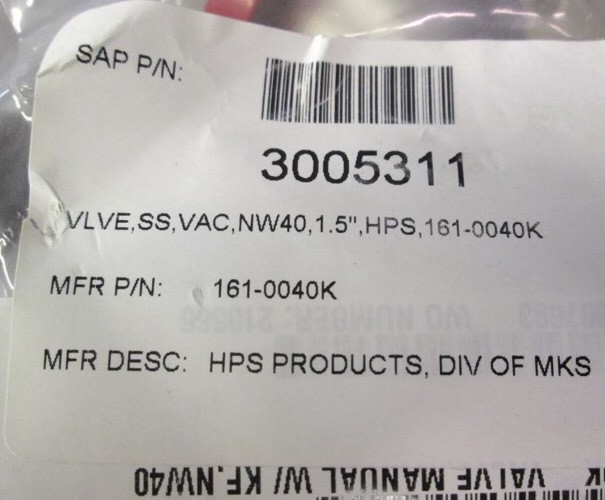 MKS Inline Manual Valve KF-40, 161-0040K, 1610040K, Shipsameday BOX 17 “B”